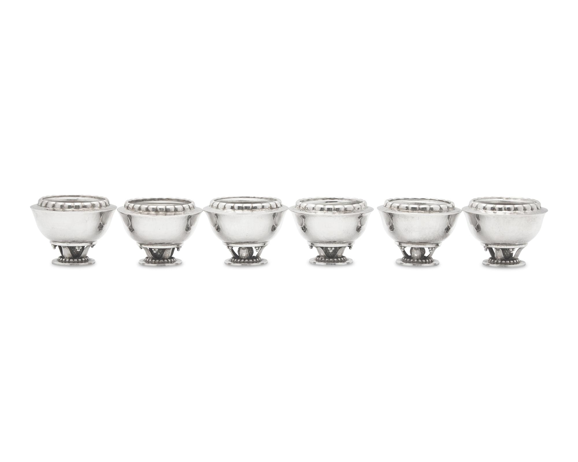 A Set of Six Georg Jensen Silver Salts with Glass Liners