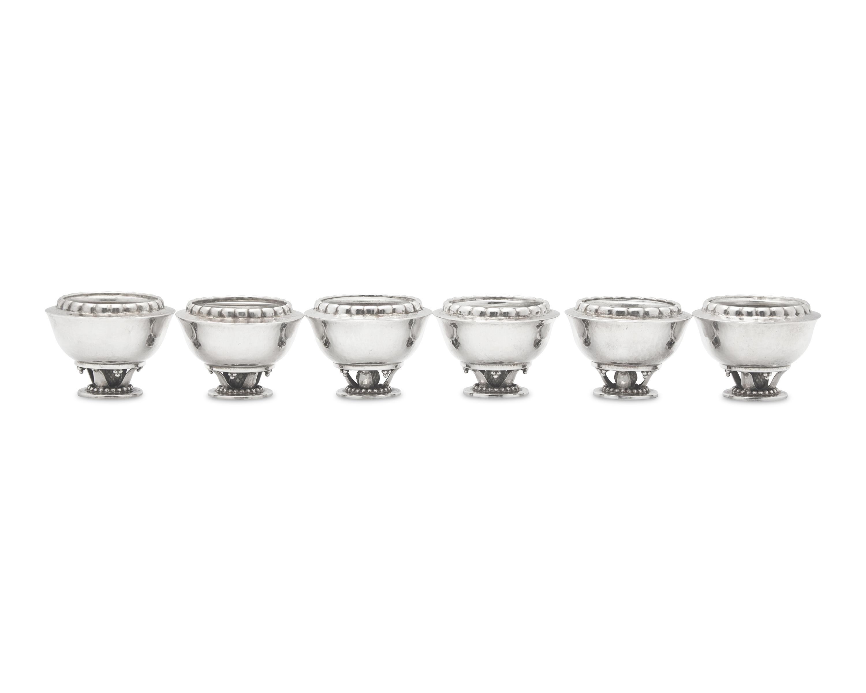 A Set of Six Georg Jensen Silver Salts with Glass Liners