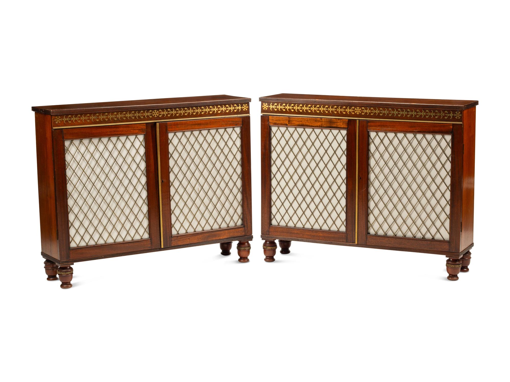 A Pair of Regency Style Brass Inlaid Mahogany Cabinets