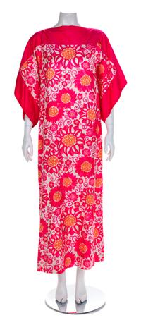 Balmain Boutique Pink, White and Orange Silk Print Caftan, 1960-70s No size label