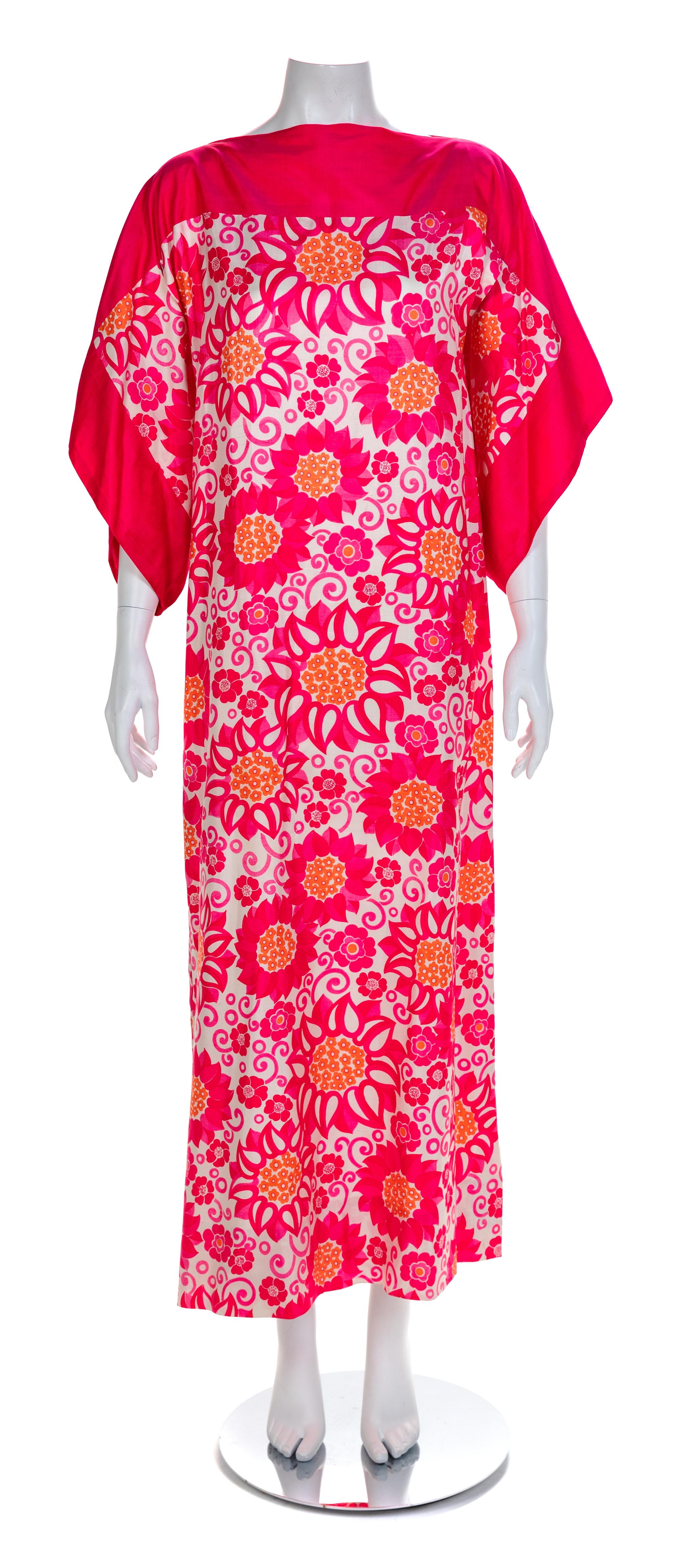 Balmain Boutique Pink, White and Orange Silk Print Caftan, 1960-70s No size label