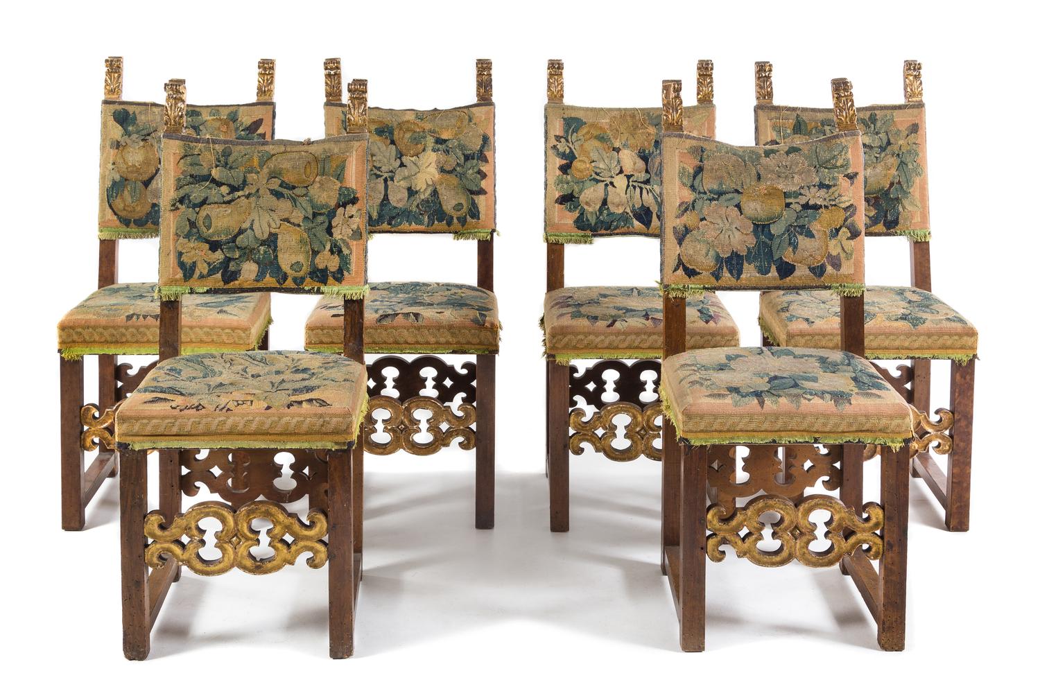 A Set of Six Italian Baroque Parcel Gilt Walnut Side Chairs Height 44 3/4 inches. — LATE 19TH/EARLY 20TH CENTURY