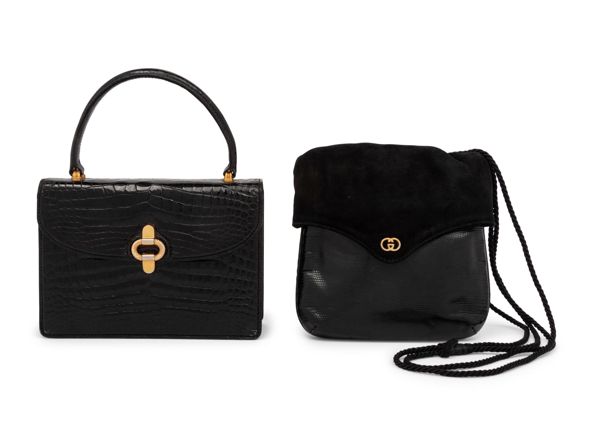Two Gucci Handbags, Crocodile Top-Handle Bag and Lizard & Suede Crossbody Bag, 1960-70s