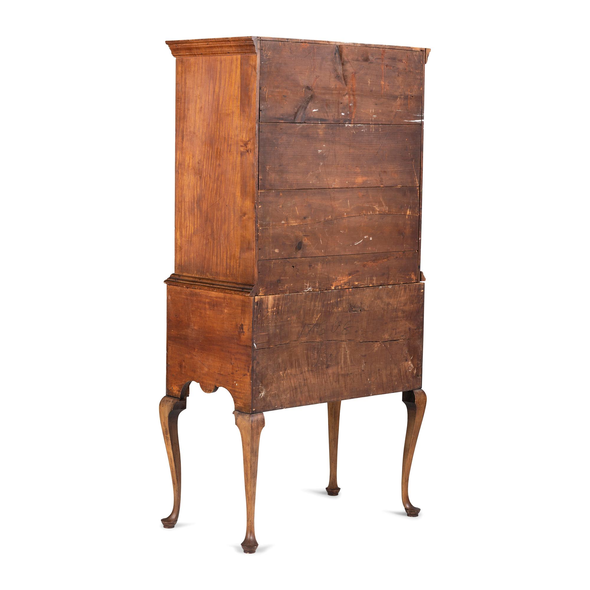 A Queen Anne Stained and Fan-Carved Cherrywood and Tiger Maple Flat-Top High Chest
