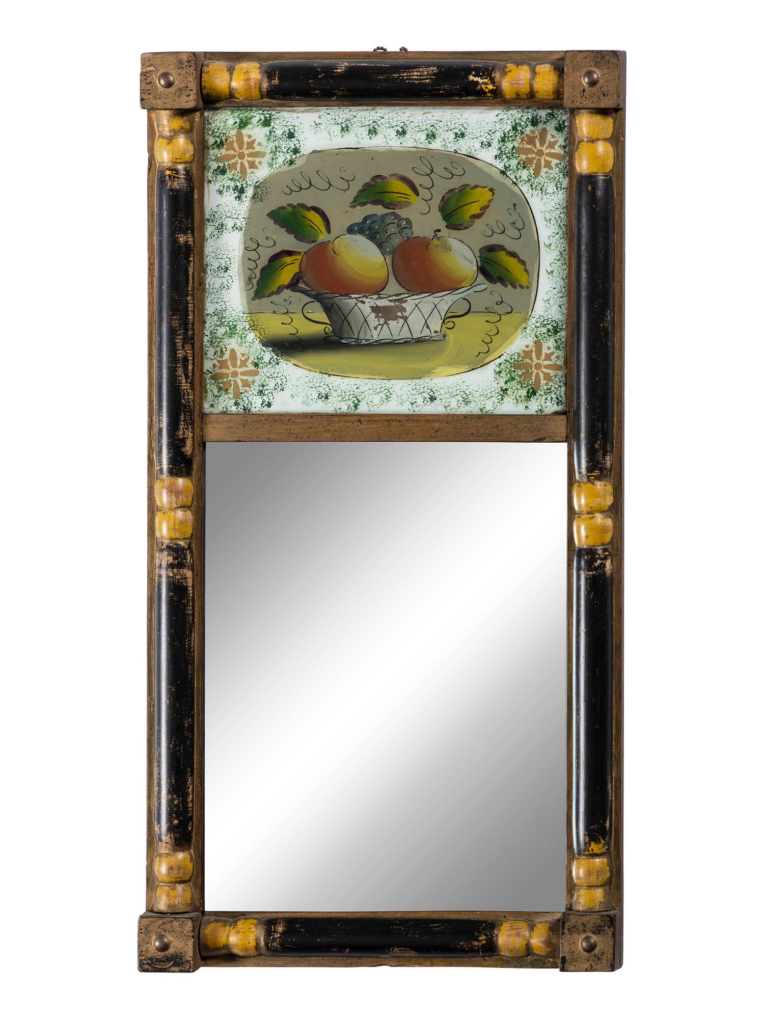 A Classical Parcel Gilt and Ebonized, Reverse Painted Panel Inset Looking Glass