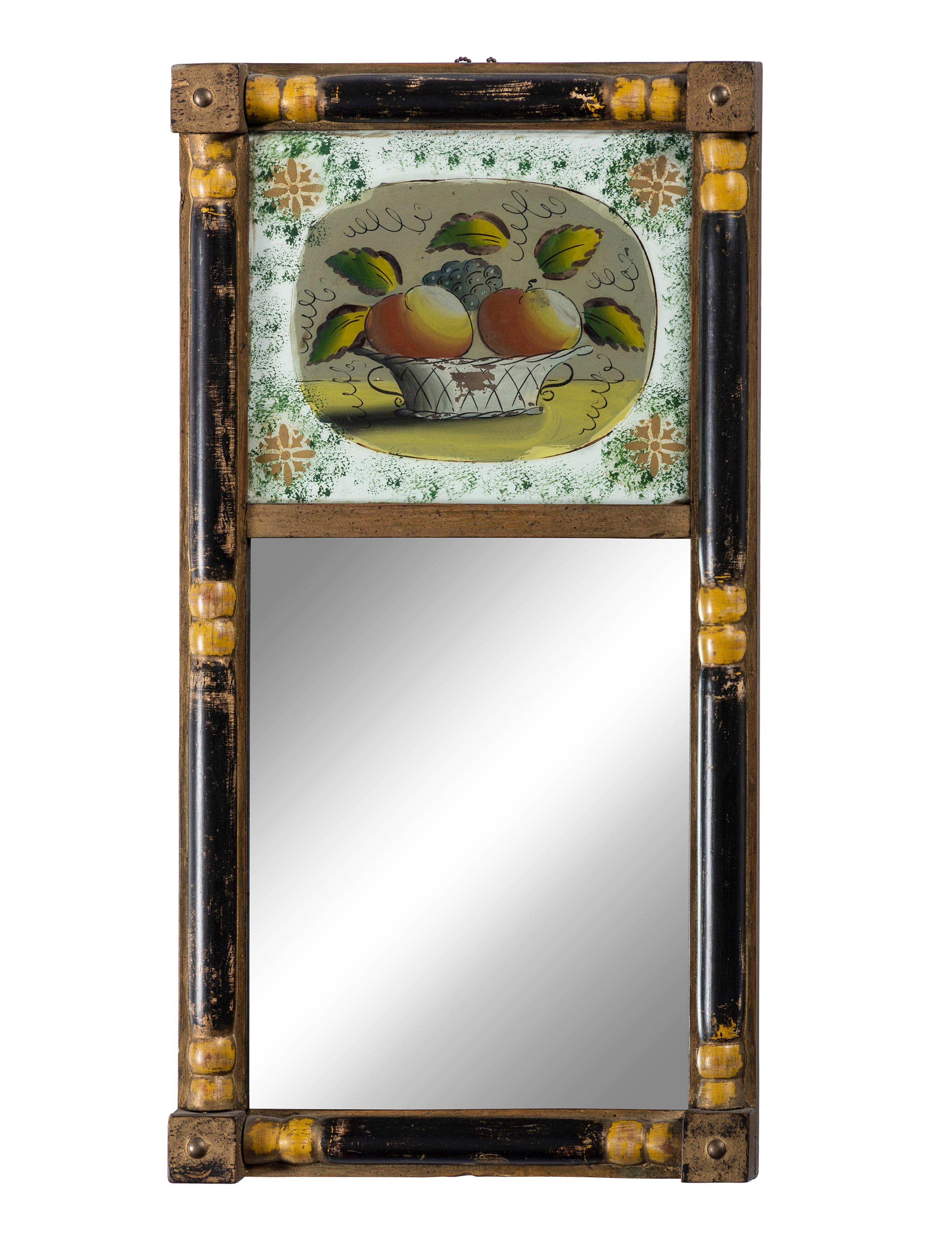 A Classical Parcel Gilt and Ebonized, Reverse Painted Panel Inset Looking Glass