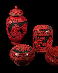 Eight Chinese Carved Red Lacquered Vessels