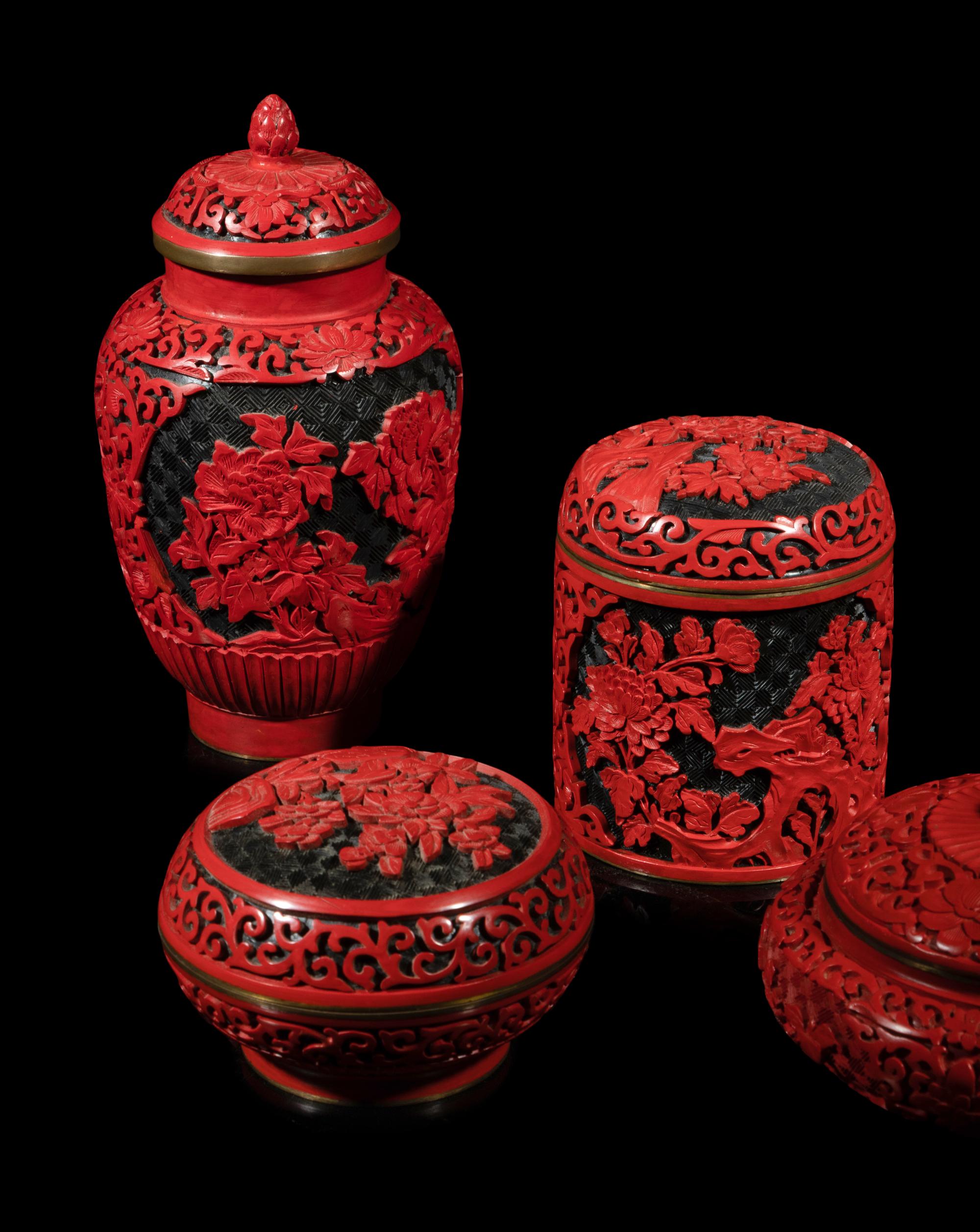 Eight Chinese Carved Red Lacquered Vessels