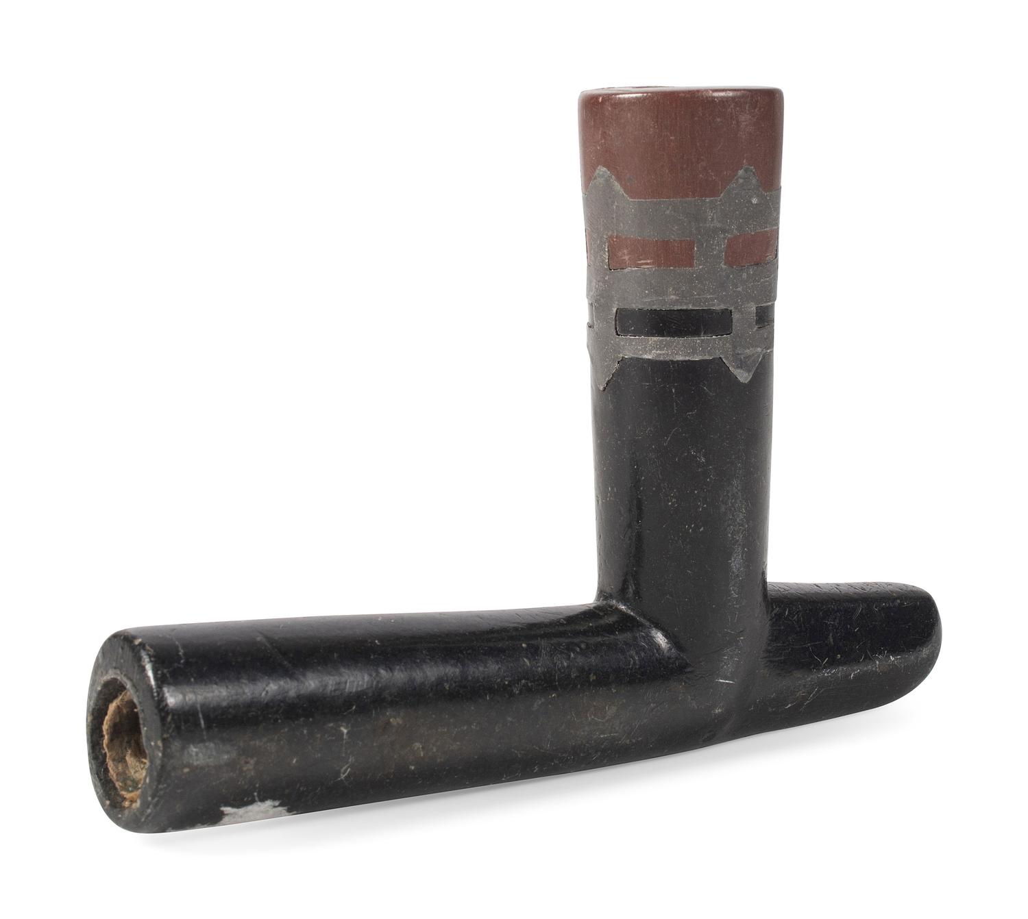 Great Lakes Steatite Pipe Bowl, with Catlinite and Lead Inlay