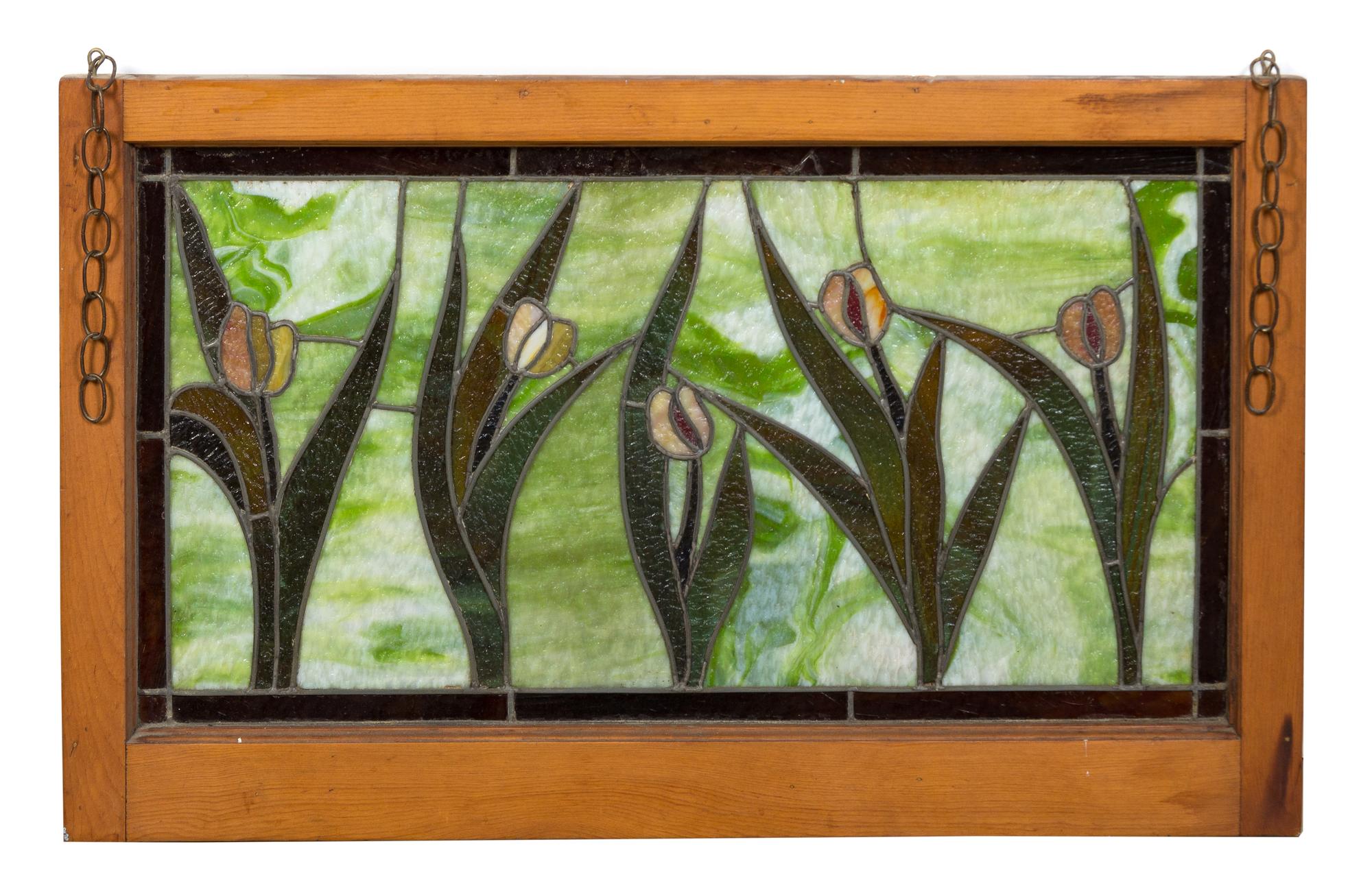 An American Leaded Glass Panel Height 18 x width 33 inches.
