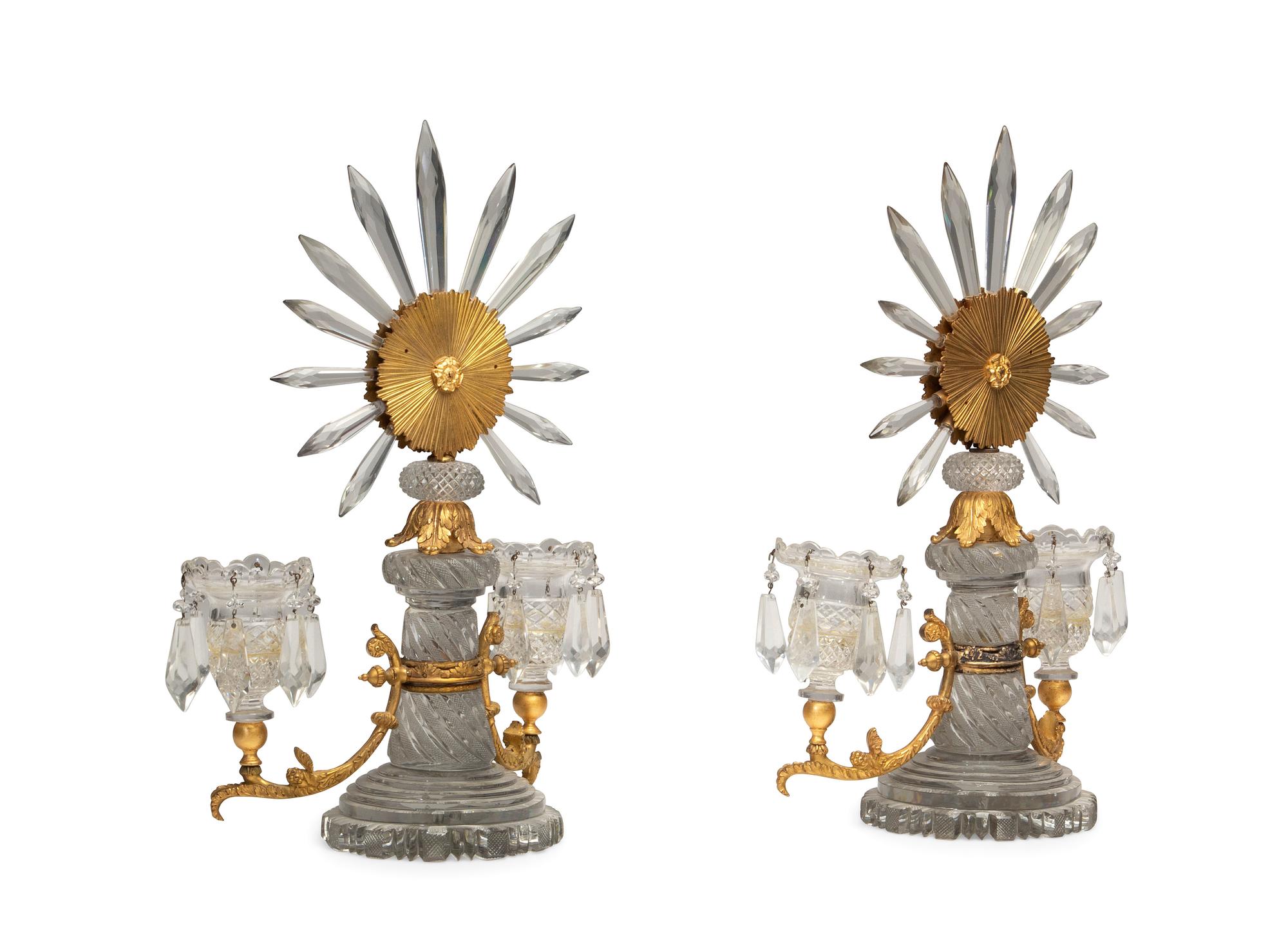 A Pair of Regency Gilt Bronze and Cut Glass Twin-Light Candelabra