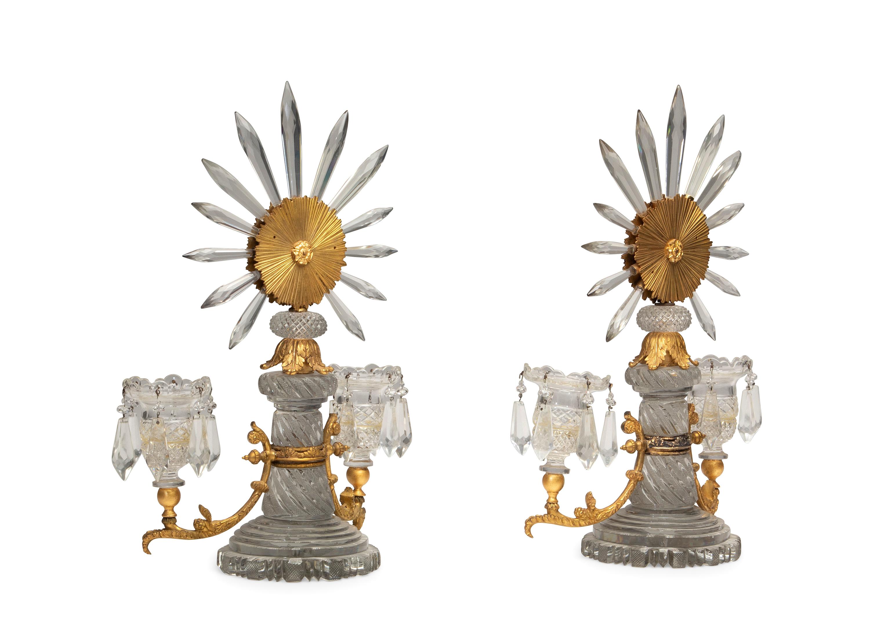 A Pair of Regency Gilt Bronze and Cut Glass Twin-Light Candelabra
