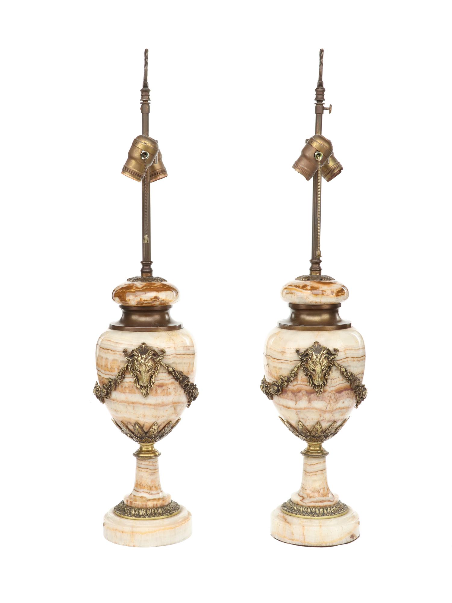 A Pair of Continental Gilt Bronze Mounted Onyx Urns