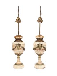 A Pair of Continental Gilt Bronze Mounted Onyx Urns