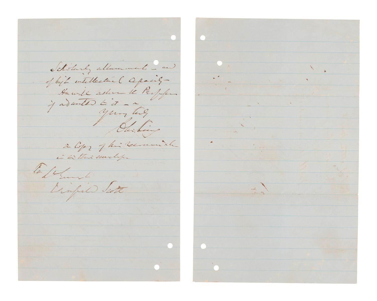 SCOTT, General Winfield (186-1866). Autograph endorsement with engraving and postal covers.