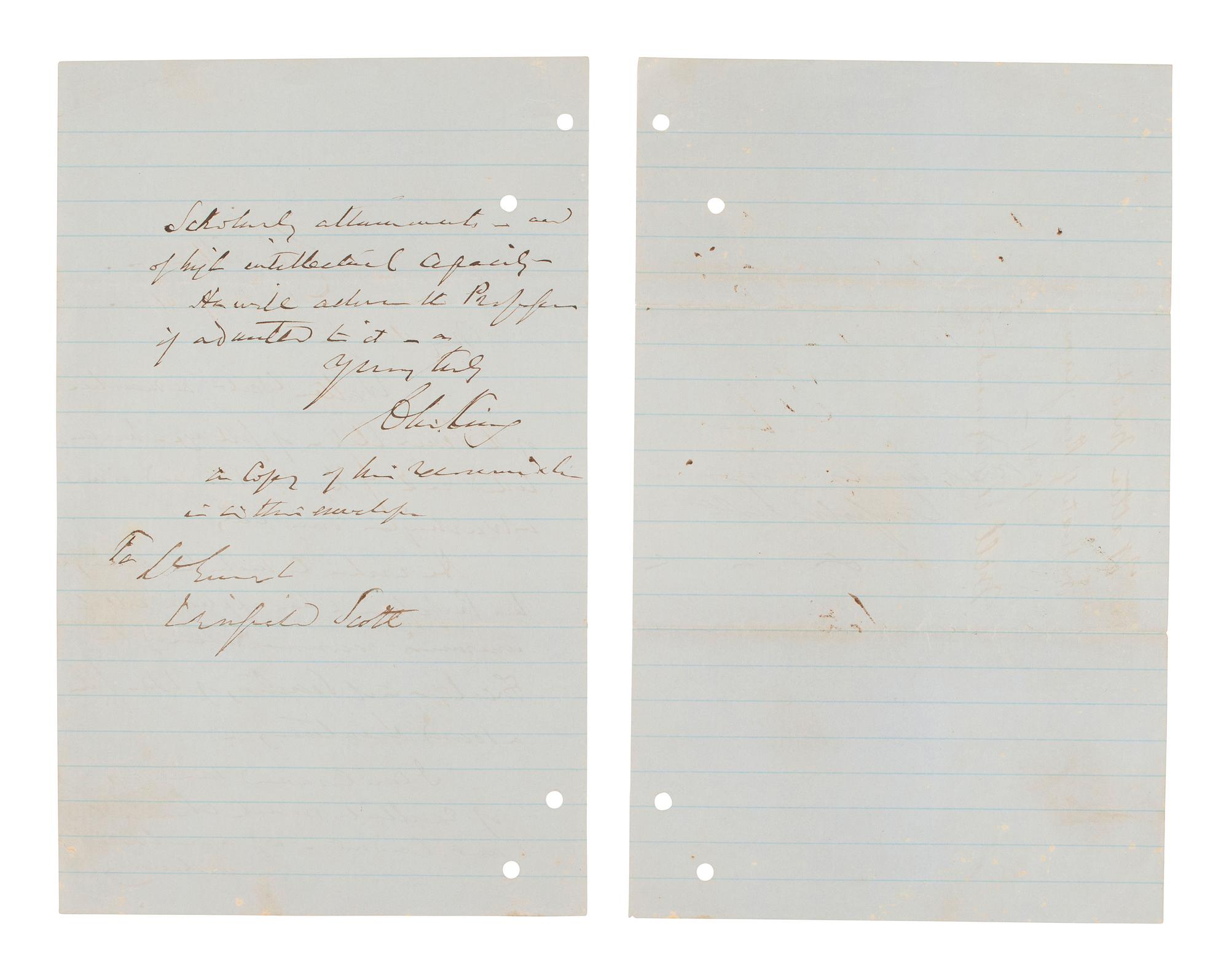 SCOTT, General Winfield (186-1866). Autograph endorsement with engraving and postal covers.