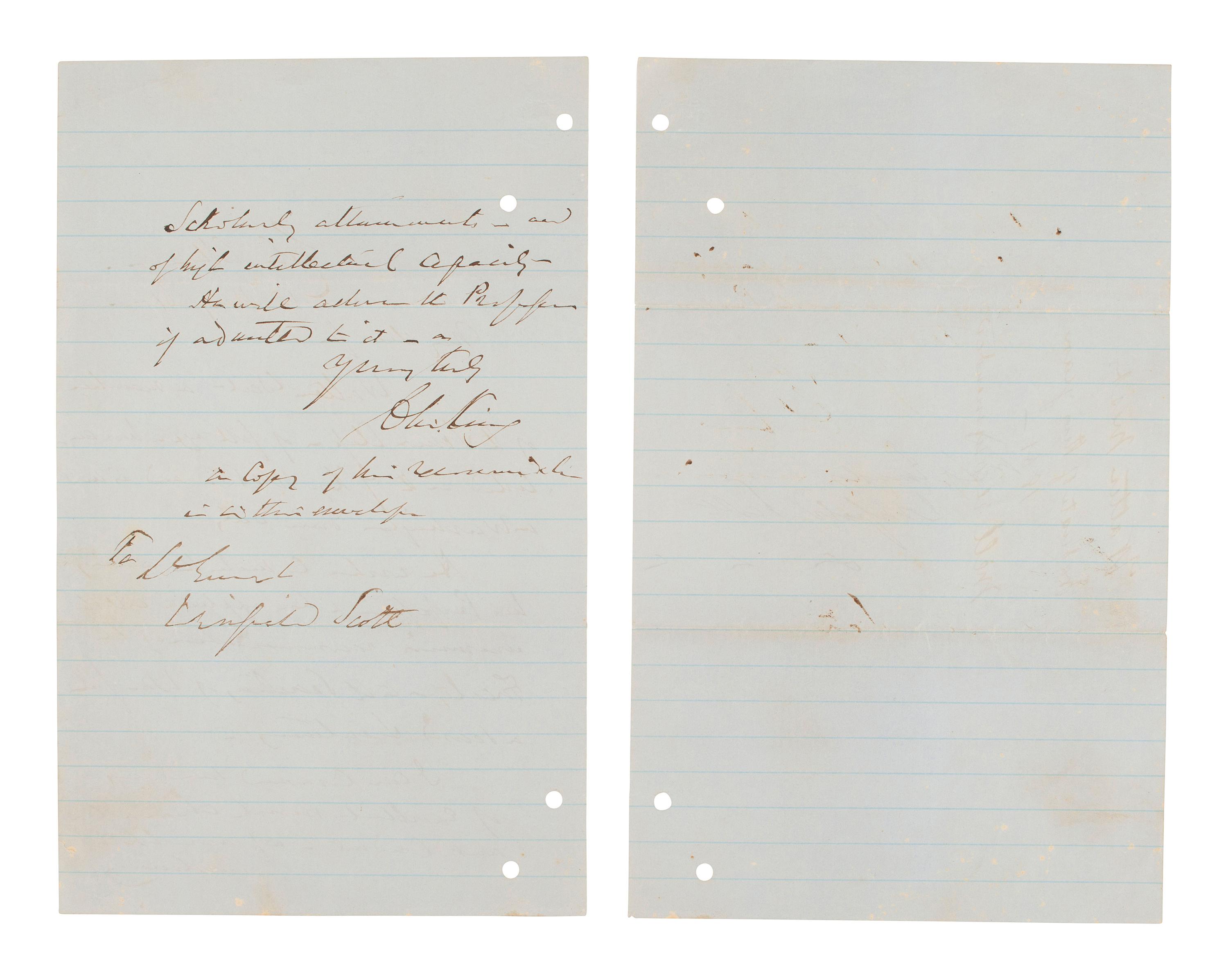 SCOTT, General Winfield (186-1866). Autograph endorsement with engraving and postal covers.
