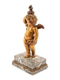 A French Gilt Bronze Figure of a Cherub on a Marble Base