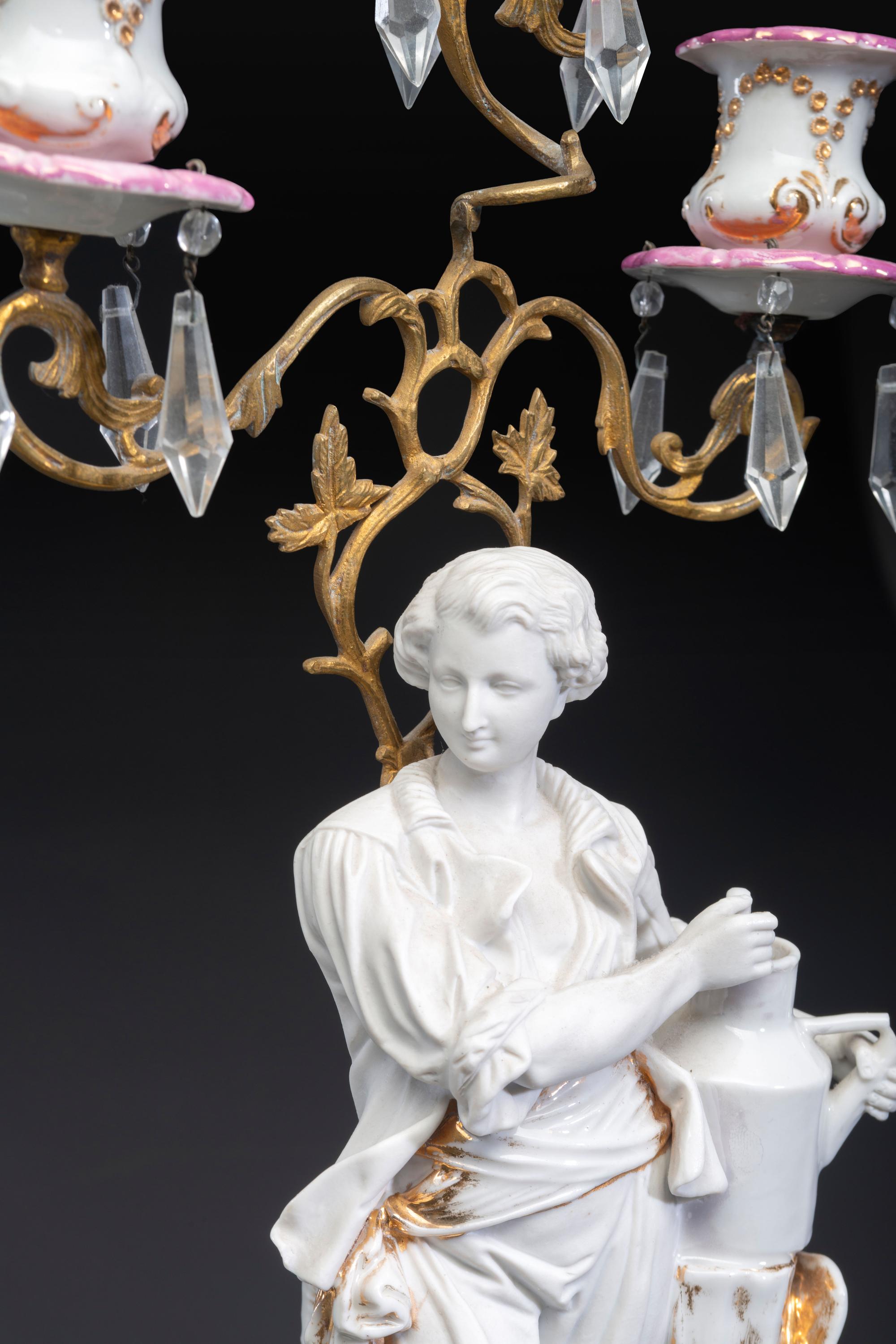 A Pair of French Parian and Enameled Metal Three-Light Figural Candelabra