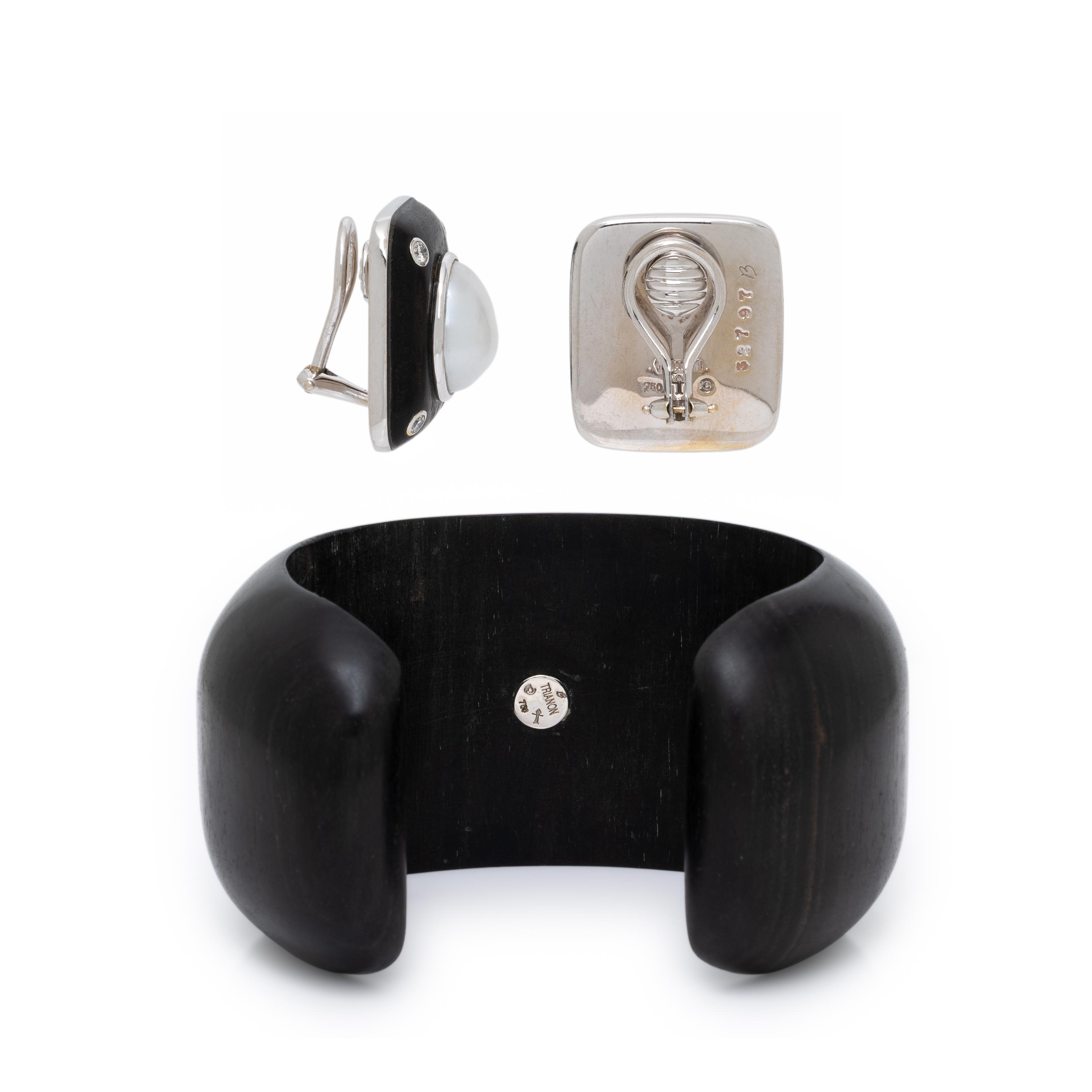 Trianon, Ebony, Diamond, and Cultured Pearl Cuff Bracelet and Earrings