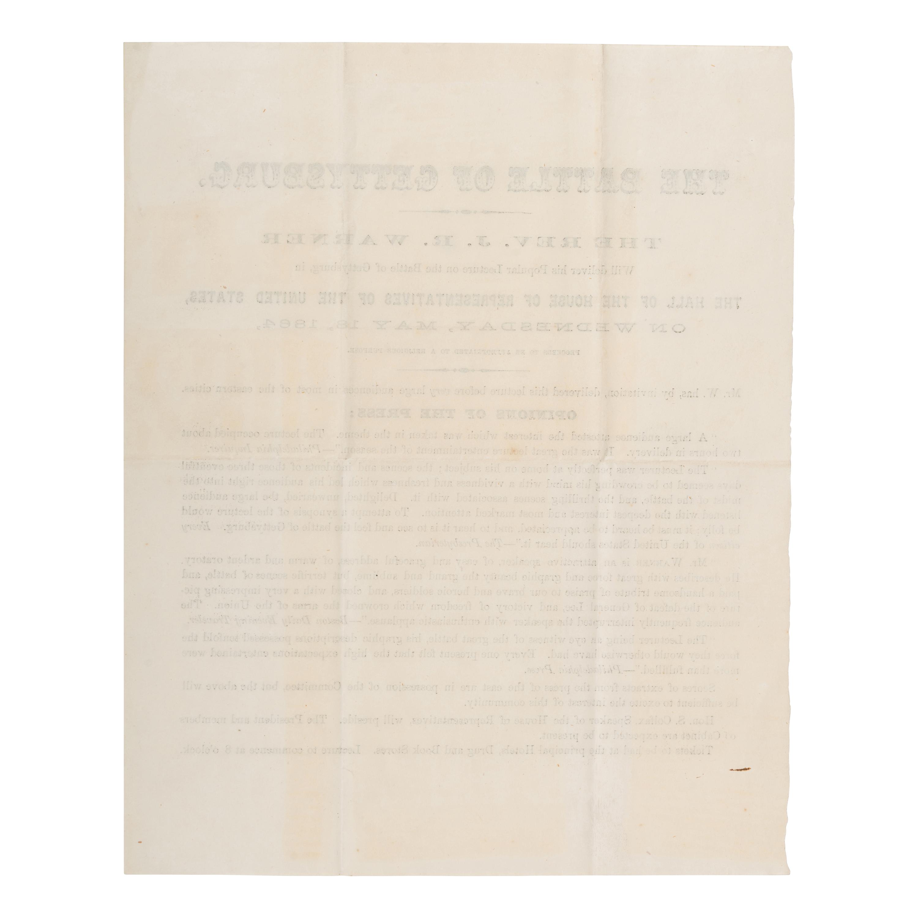 [Civil War - Gettysburg]. -- [Warner, John Riddle (1827-1894)]. Printed broadside. Washington, D.C., May 1864.