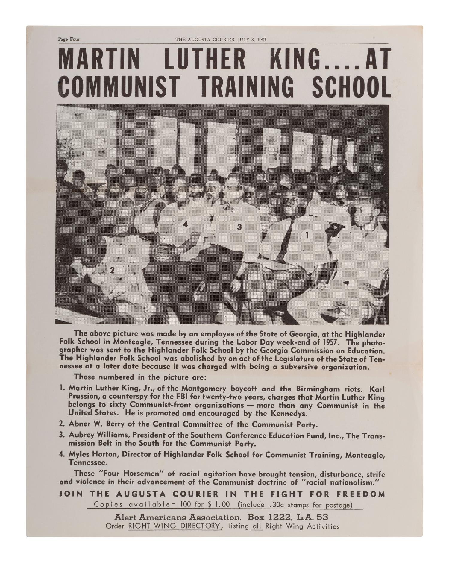 [KING, Martin Luther, Jr. (1929-1968)]. Martin Luther King...at Communist Training School . Promotional flyer issued by the Alert Americans Association, ca 1963-1964.