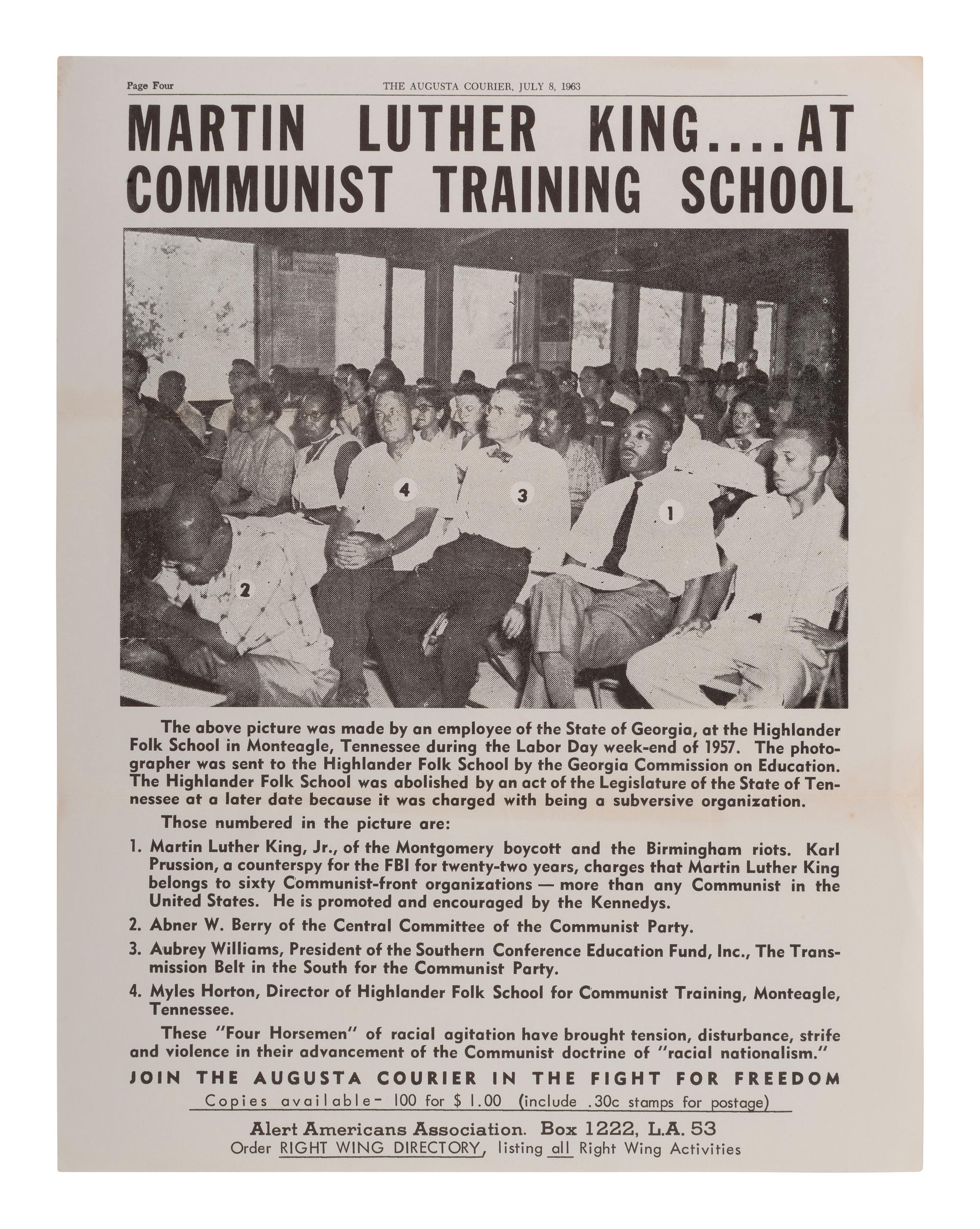 [KING, Martin Luther, Jr. (1929-1968)]. Martin Luther King...at Communist Training School . Promotional flyer issued by the Alert Americans Association, ca 1963-1964.