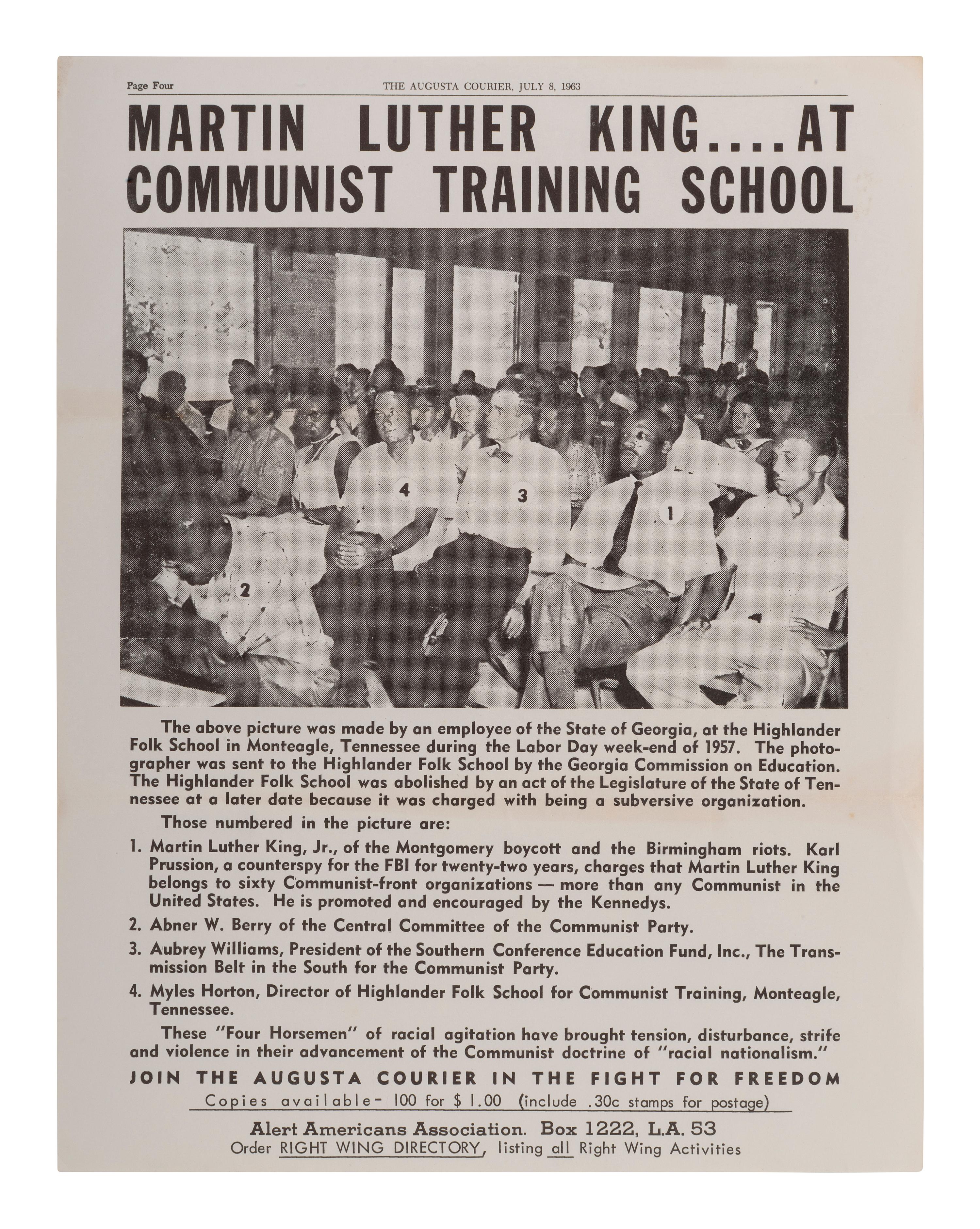 [KING, Martin Luther, Jr. (1929-1968)]. Martin Luther King...at Communist Training School . Promotional flyer issued by the Alert Americans Association, ca 1963-1964.