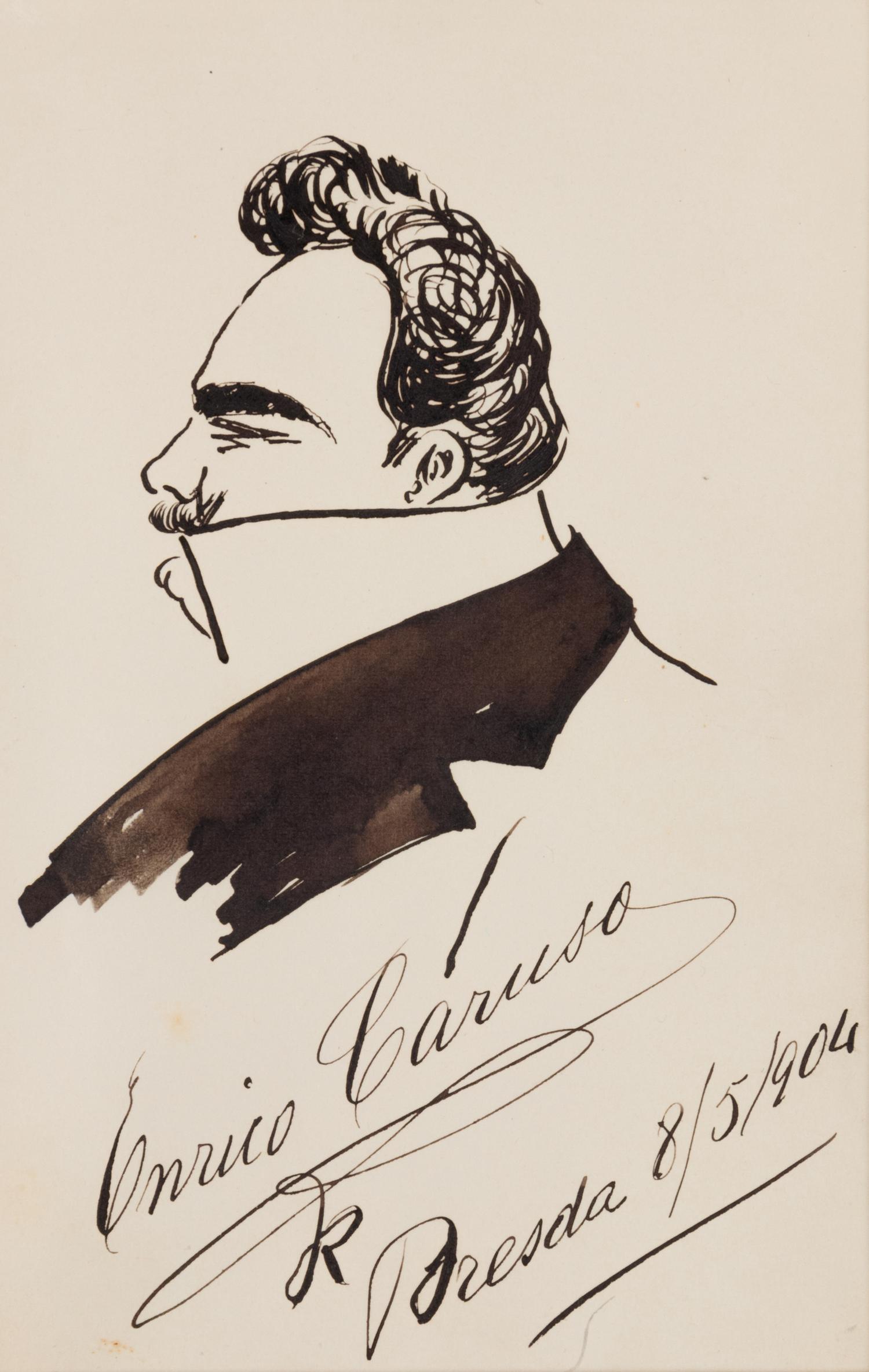 CARUSO, Enrico (1873-1921). Original drawing, profile self portrait caricature, in pen and ink, signed and dated lower right ("Enrico Caruso Dresda 8/5/1904").