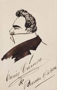 CARUSO, Enrico (1873-1921). Original drawing, profile self portrait caricature, in pen and ink, signed and dated lower right ("Enrico Caruso Dresda 8/5/1904").