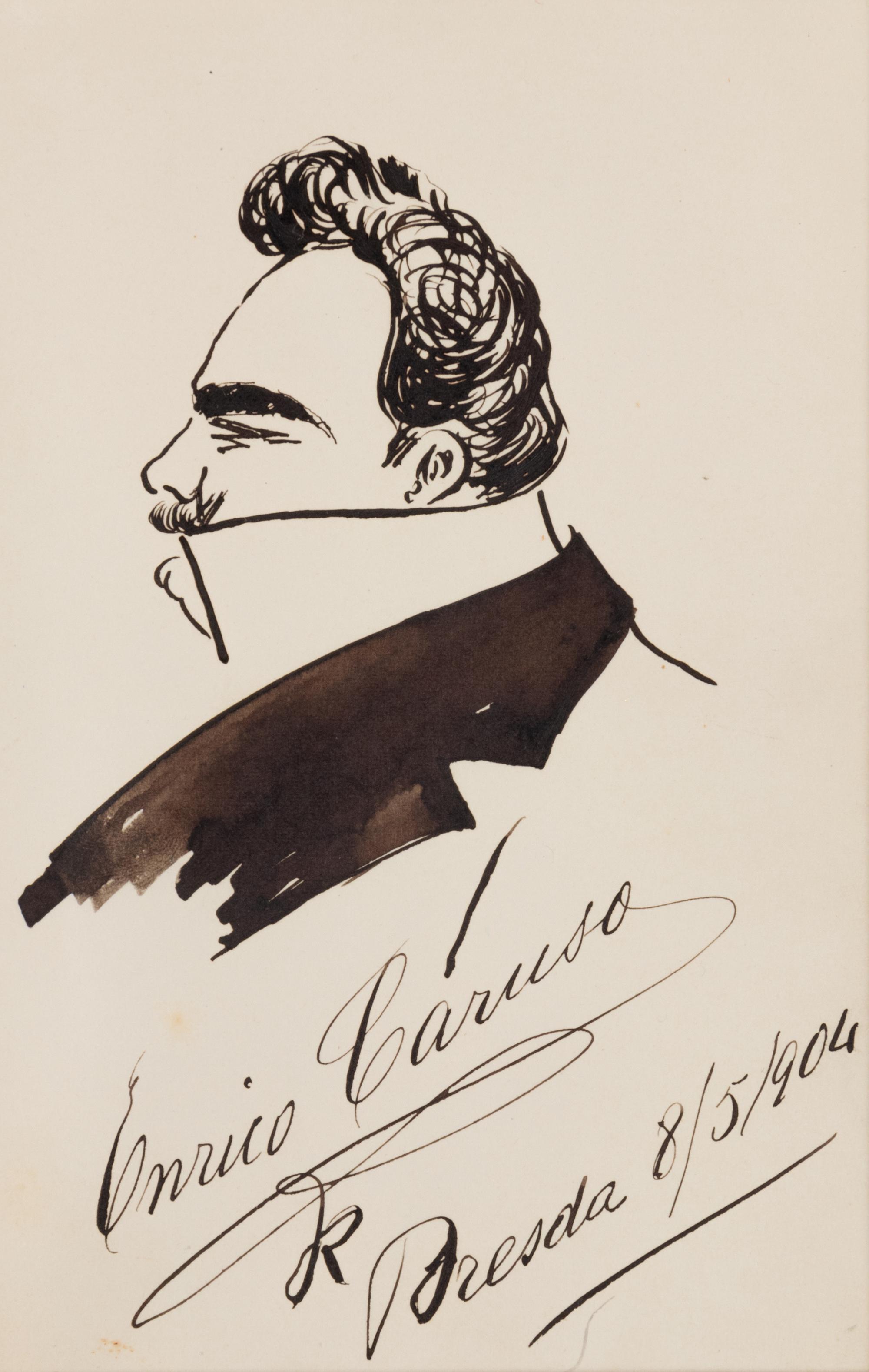 CARUSO, Enrico (1873-1921). Original drawing, profile self portrait caricature, in pen and ink, signed and dated lower right ("Enrico Caruso Dresda 8/5/1904").