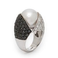Cultured Pearl, Diamond, and Black Diamond Ring