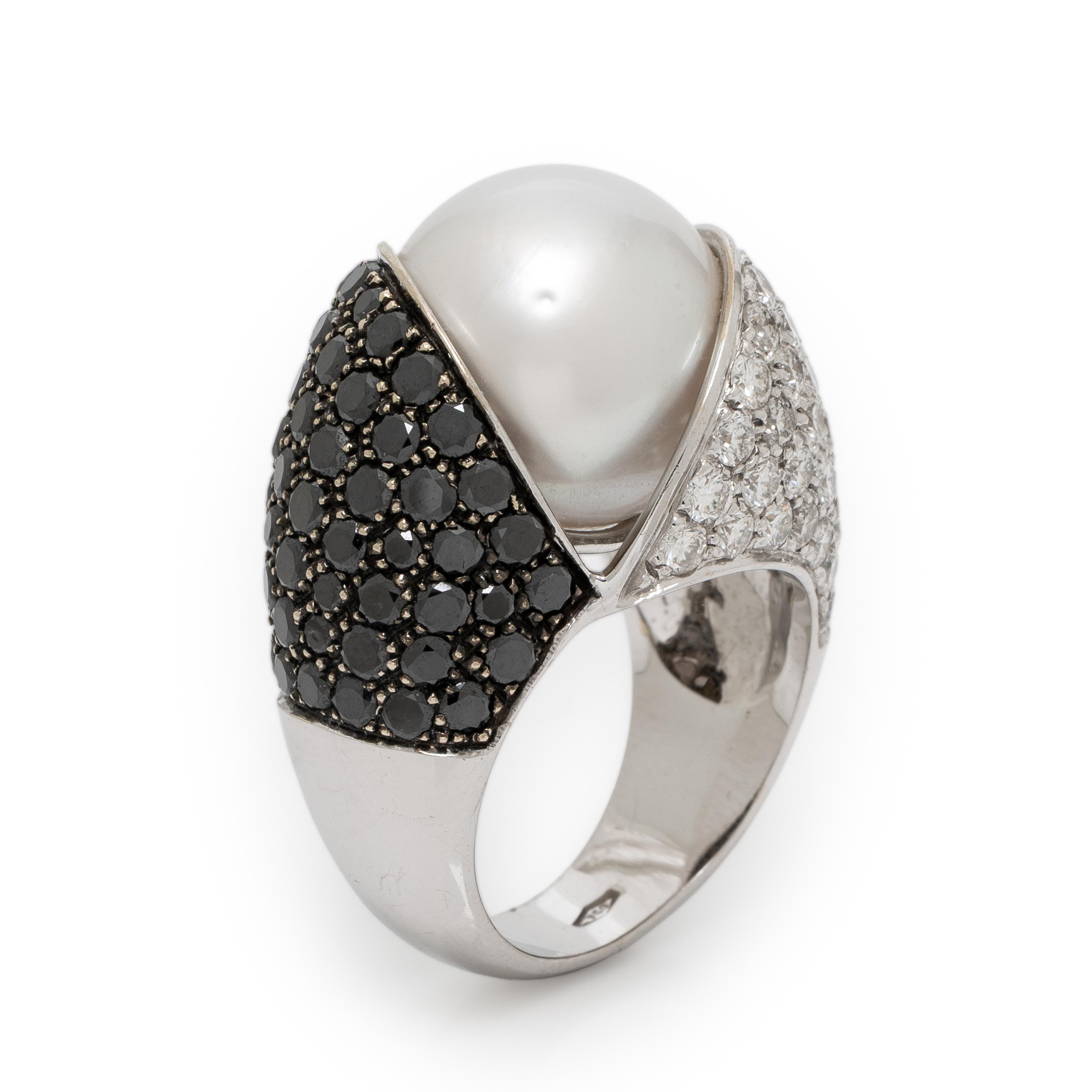 Cultured Pearl, Diamond, and Black Diamond Ring