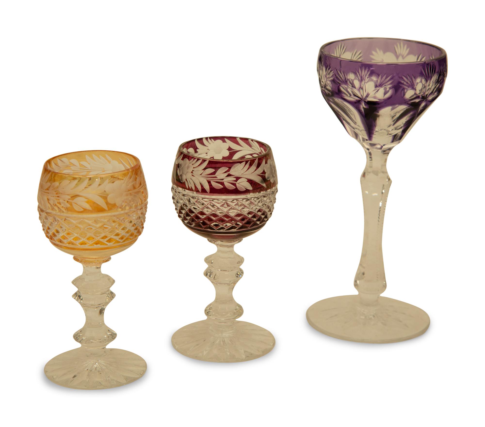 A Collection of Bohemian Cut-to-Clear Colored Cordial Glasses
