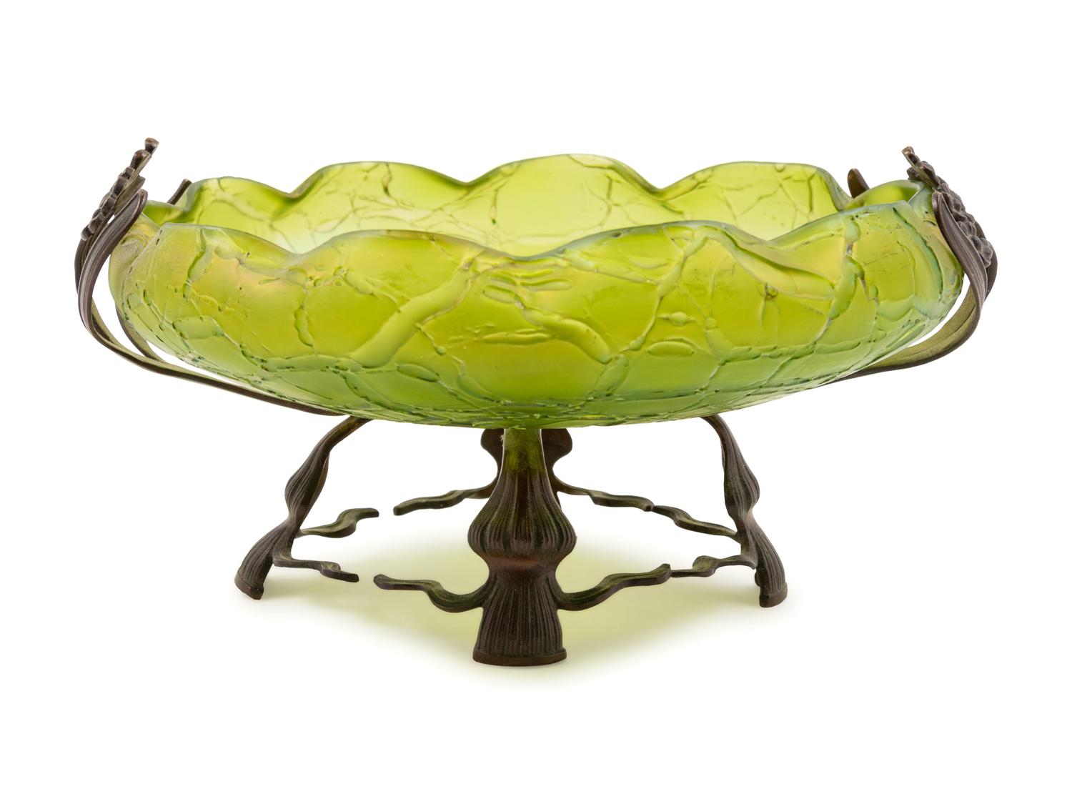 A Loetz Style Green Glass and Patinated Metal Mounted Bowl