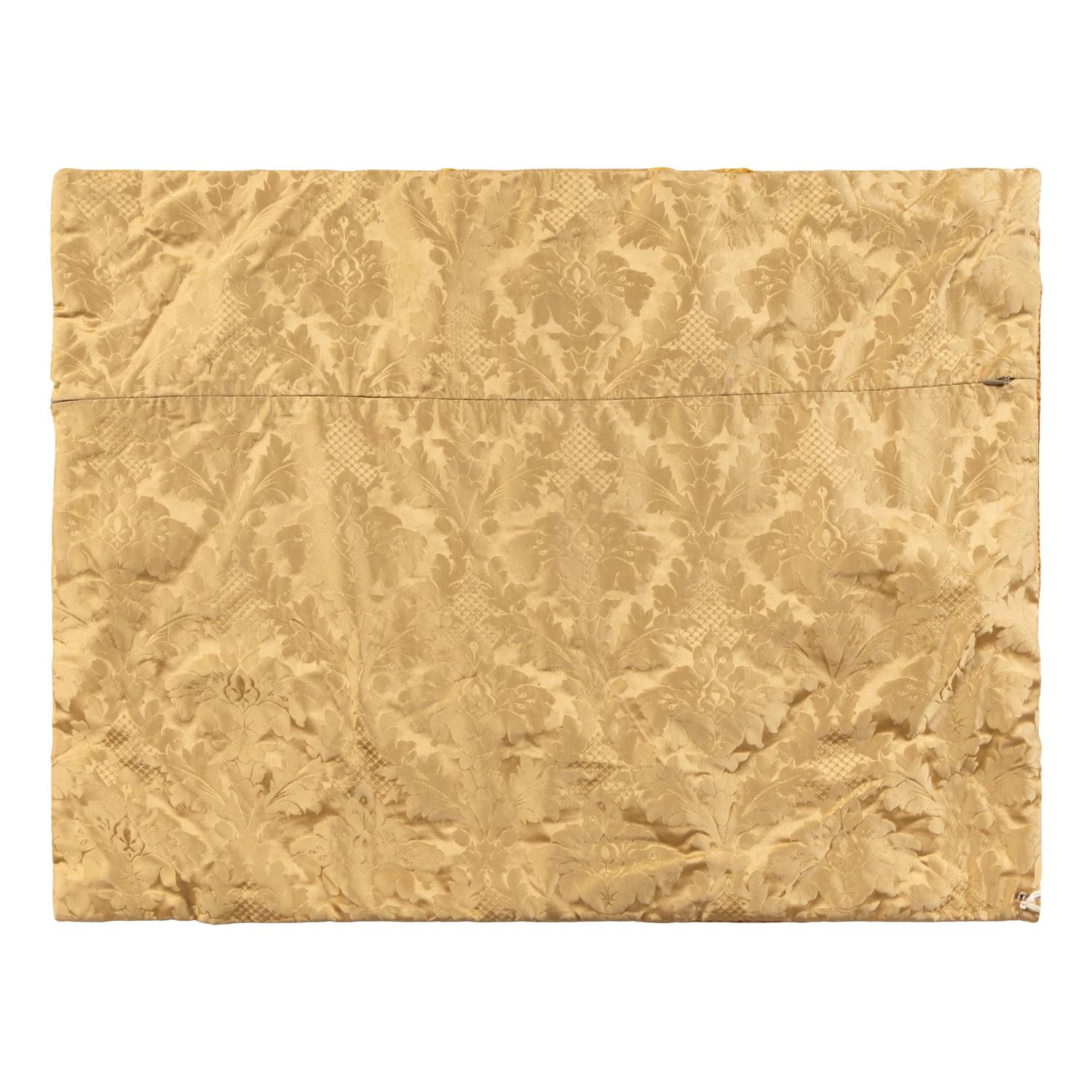 A Gold Silk Damask Panel with Needlework Appliqu é , Now Mounted as a Cushion Cover
