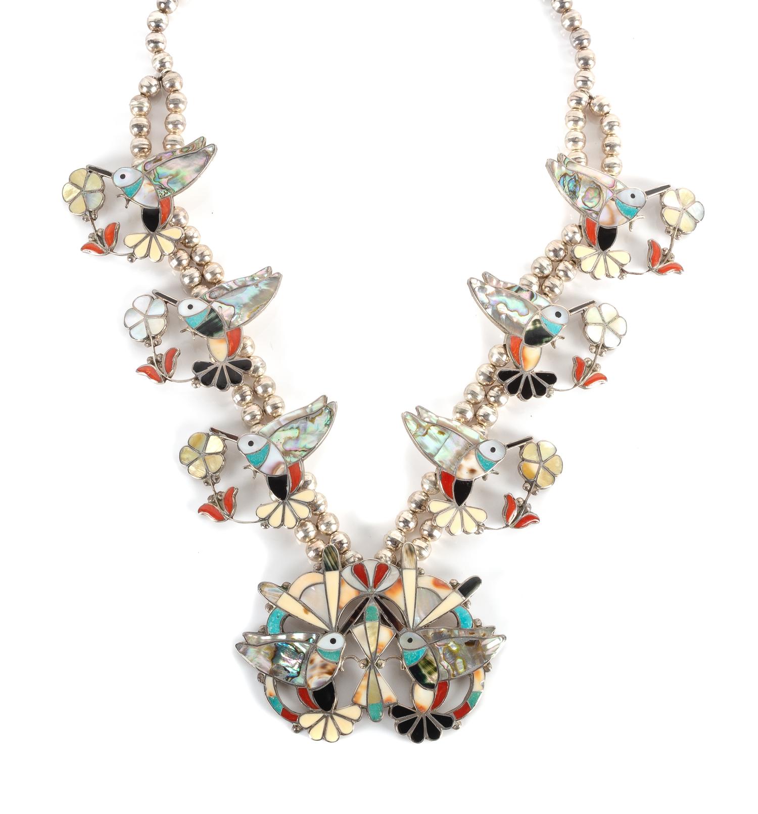 Zuni Silver and Multi-Stone Mosaic Inlay Hummingbird Necklace Length 26 inches