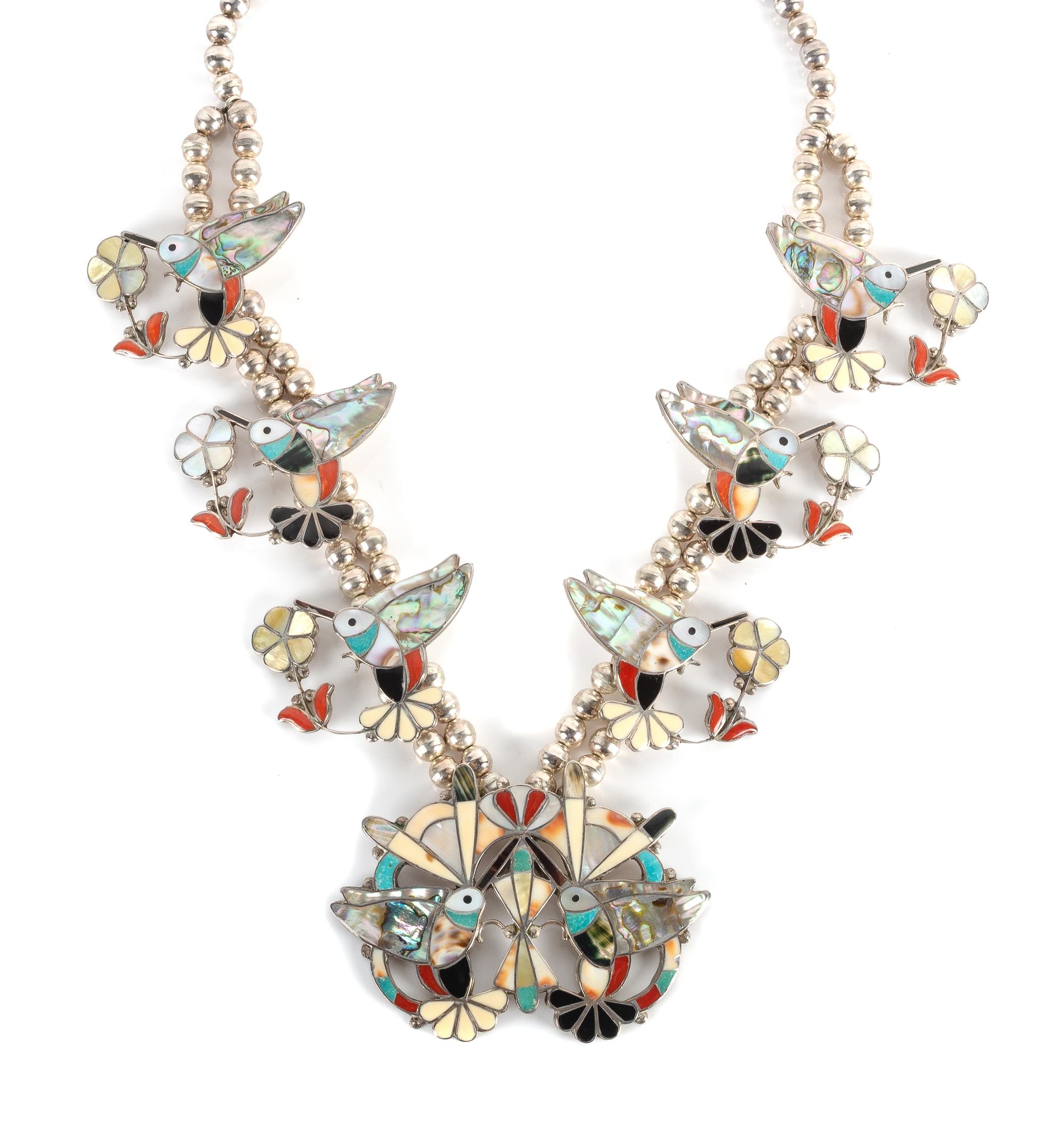 Zuni Silver and Multi-Stone Mosaic Inlay Hummingbird Necklace Length 26 inches