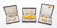 A Group of Danish and English Silver-Gilt and Enamel Flatware Articles Diameter of salts 2 inches.