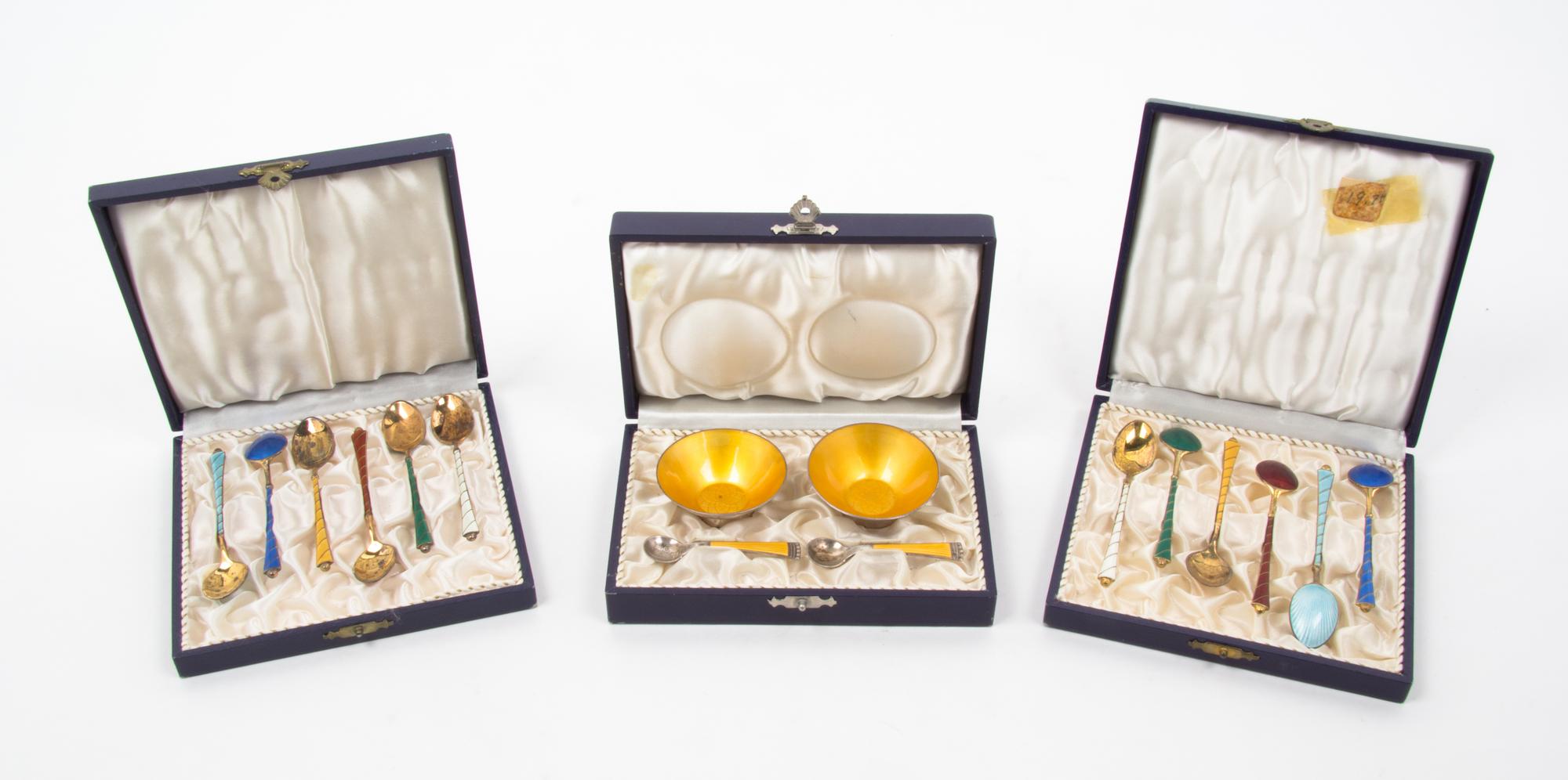 A Group of Danish and English Silver-Gilt and Enamel Flatware Articles Diameter of salts 2 inches.