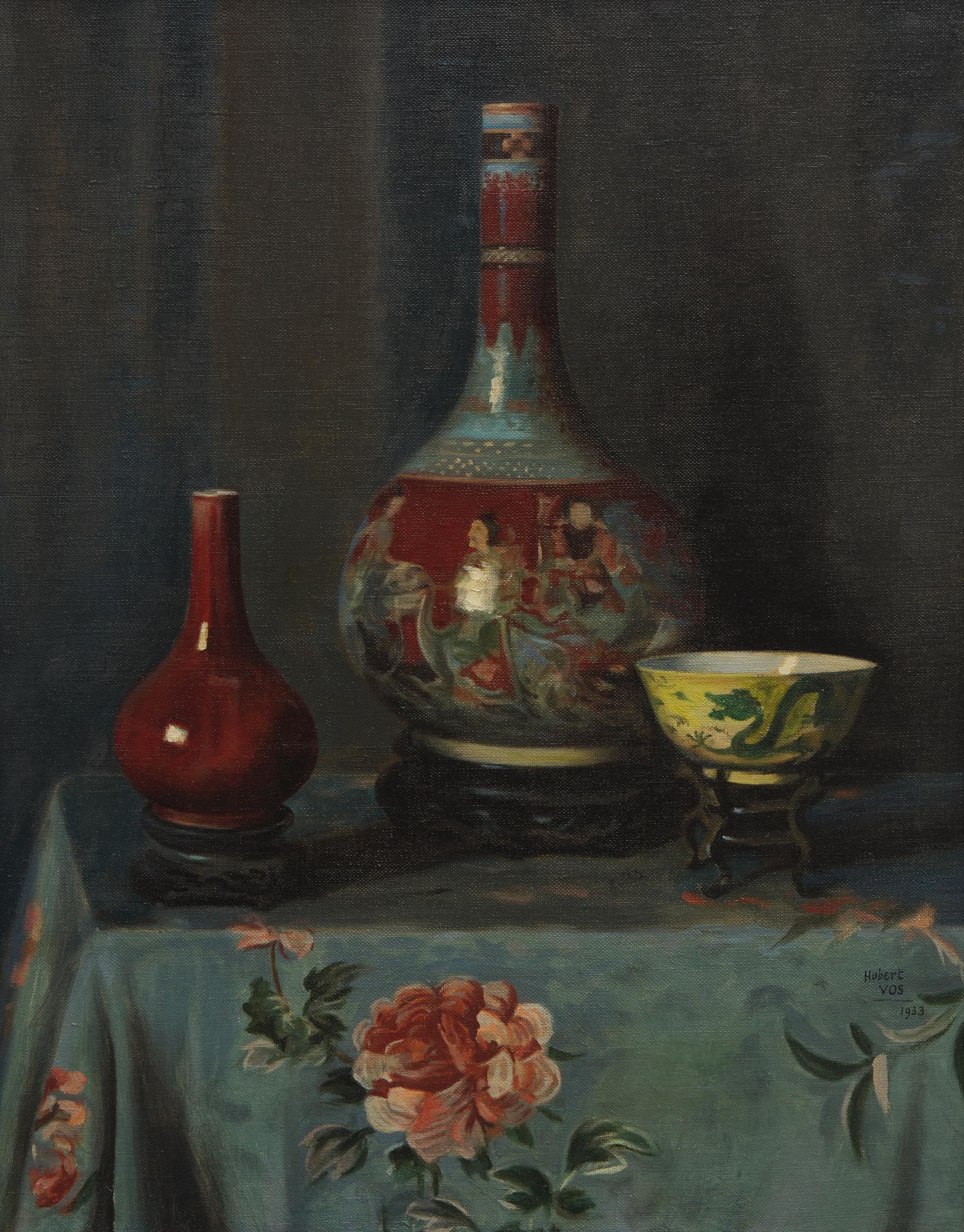 Hubert Vos (American, 1855-1935) — Still Life with Chinese Sang-de-boeuf Vase, Copper Red and Famille Rose Bottle Vase, and Enameled Dragon Bowl , 1933