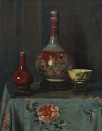 Hubert Vos (American, 1855-1935) — Still Life with Chinese Sang-de-boeuf Vase, Copper Red and Famille Rose Bottle Vase, and Enameled Dragon Bowl , 1933