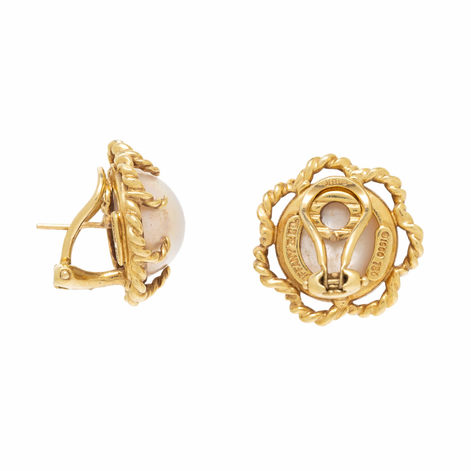 TIFFANY AND CO., MABÉ PEARL AND YELLOW GOLD EARRINGS