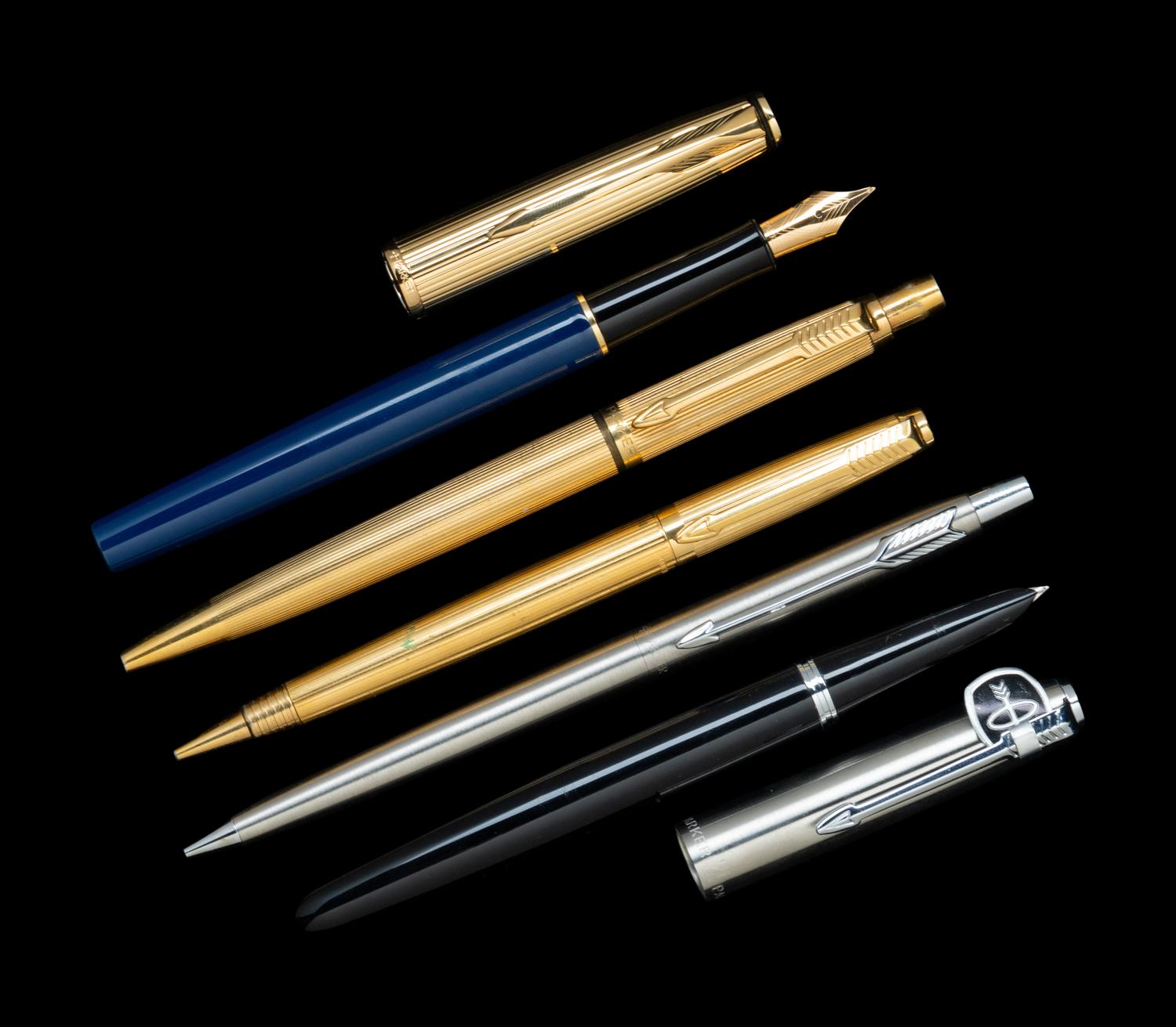 Two Uninked Parker Fountain Pens and Three Other Parker Writing Instruments
