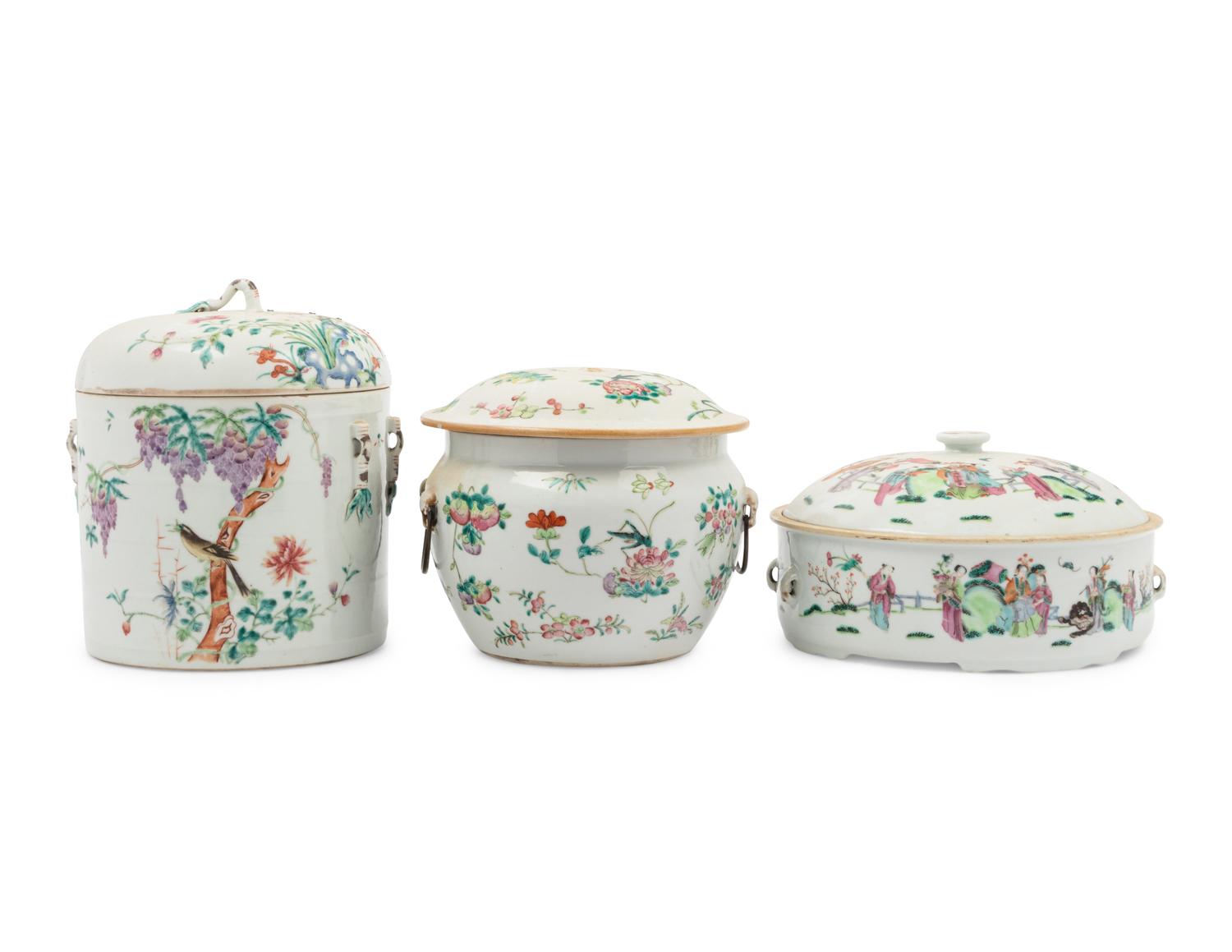 Three Chinese Famille Rose Covered Vessels