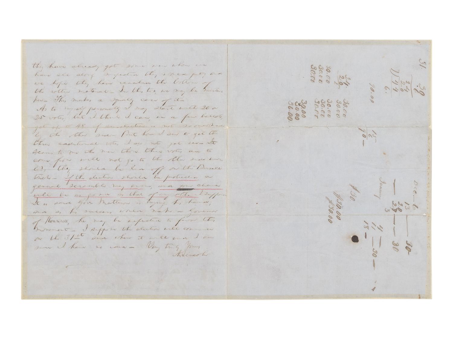LINCOLN, Abraham (1809-1865). Autograph letter, signed ("A. Lincoln") to Richard Yates, Springfield, Illinois, 14 January 1855.