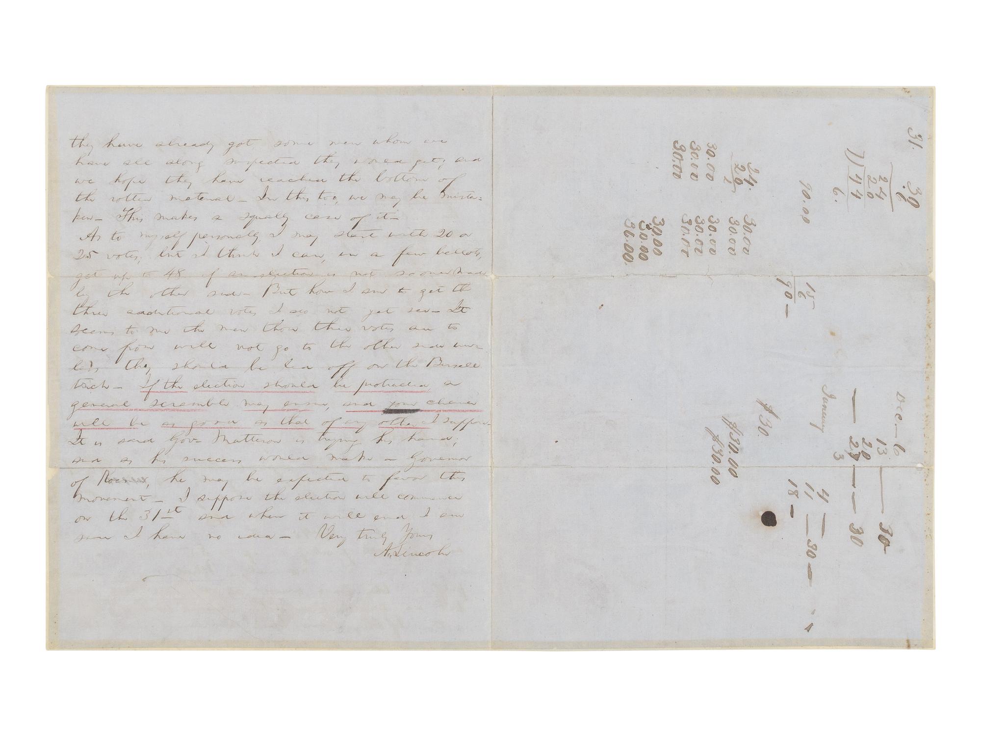 LINCOLN, Abraham (1809-1865). Autograph letter, signed ("A. Lincoln") to Richard Yates, Springfield, Illinois, 14 January 1855.