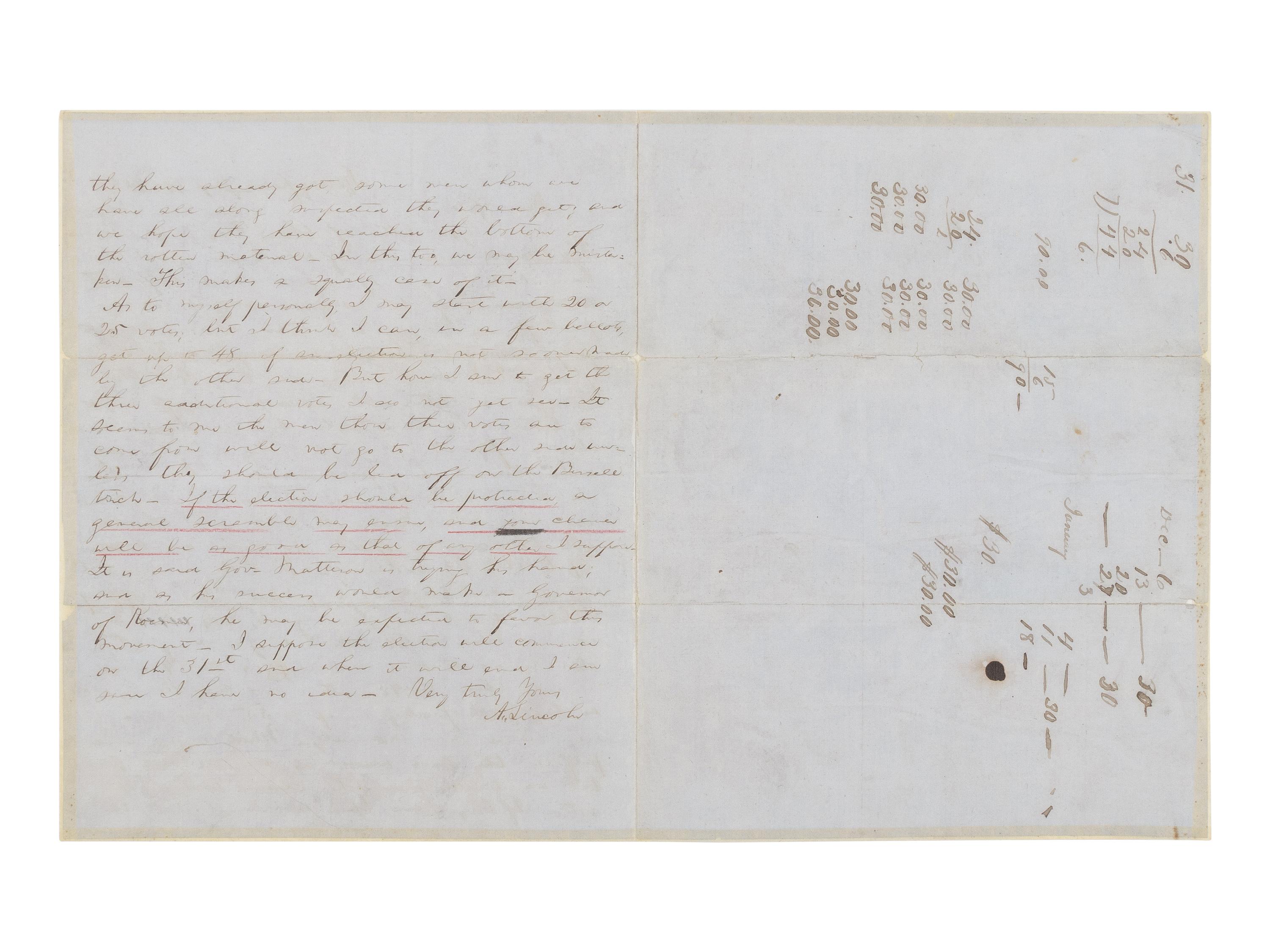LINCOLN, Abraham (1809-1865). Autograph letter, signed ("A. Lincoln") to Richard Yates, Springfield, Illinois, 14 January 1855.