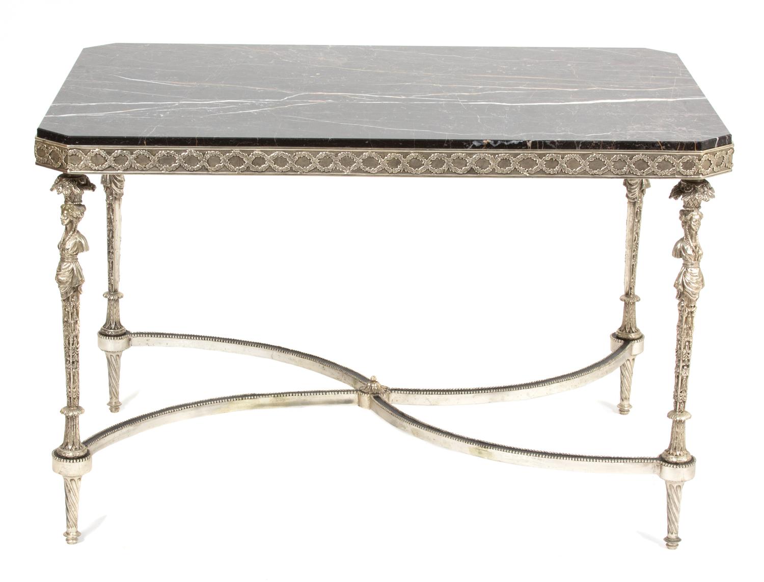 A Neoclassical Style Silvered Metal Black Marble Top Coffee Table Height 22 3/4 x width 36 x depth 25 1/2 inches.