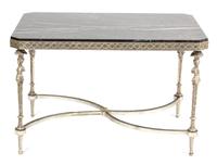 A Neoclassical Style Silvered Metal Black Marble Top Coffee Table Height 22 3/4 x width 36 x depth 25 1/2 inches.